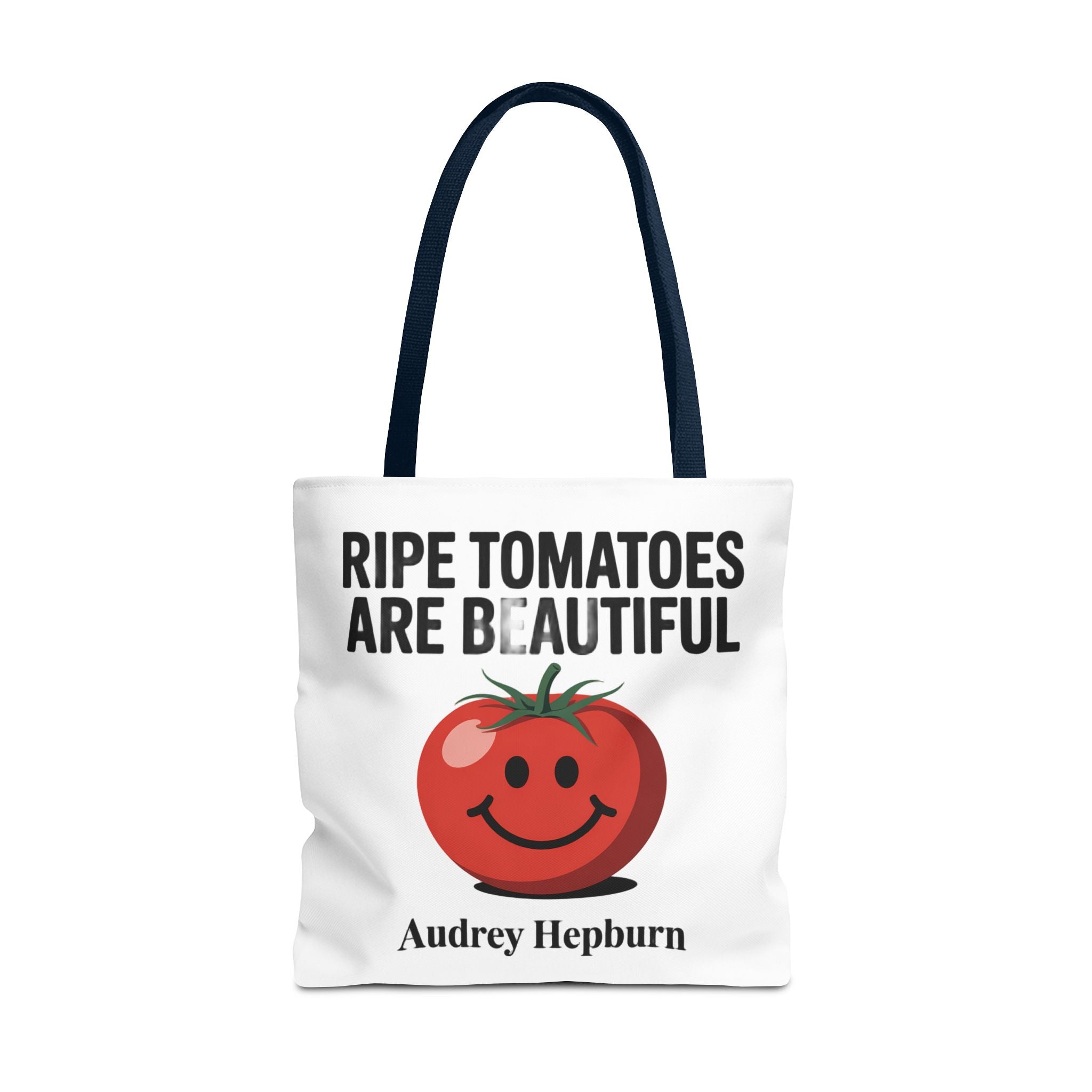 Tote Bag — "Ripe Tomatoes Are Beautiful" Audrey Hepburn Quote with Smiling Tomato Graphic