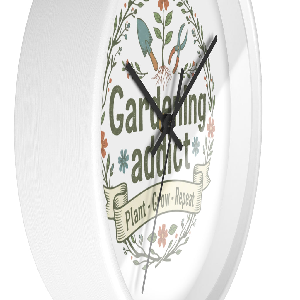 Gardening Addict Wall Clock — Plant • Grow • Repeat Decorative Garden Clock