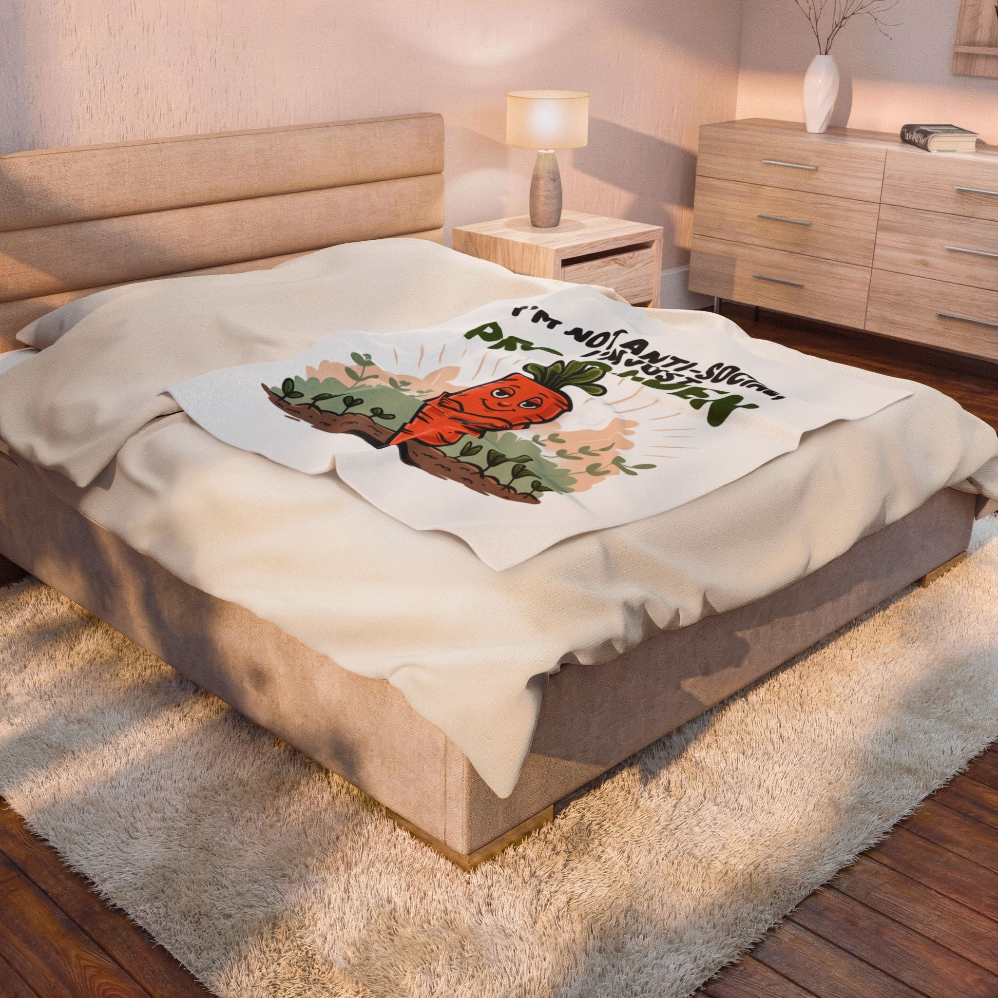 Velveteen Blanket — "I'm Not Anti-Social, I'm Just Pro-Garden" Cute Carrot Gardener Throw