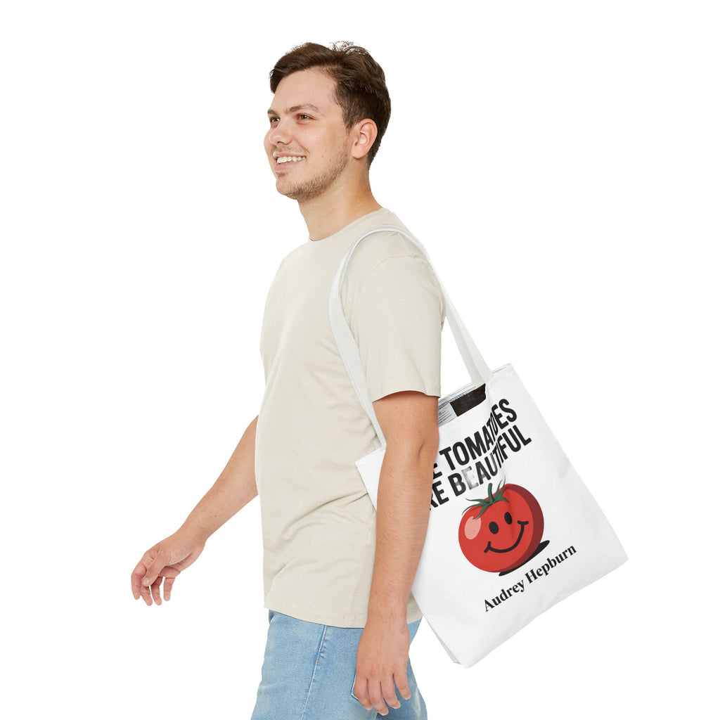 Tote Bag — "Ripe Tomatoes Are Beautiful" Audrey Hepburn Quote with Smiling Tomato Graphic