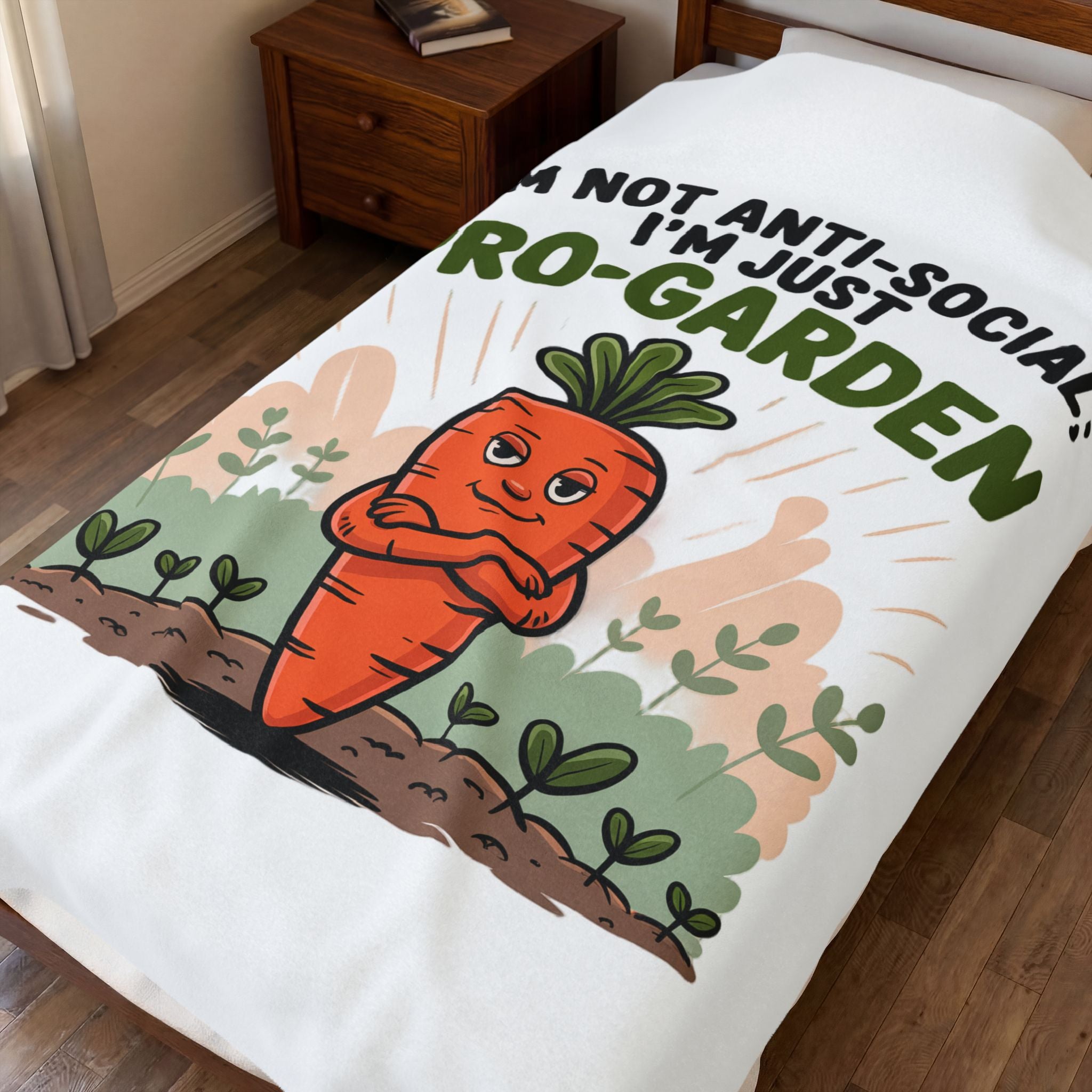 Velveteen Blanket — "I'm Not Anti-Social, I'm Just Pro-Garden" Cute Carrot Gardener Throw