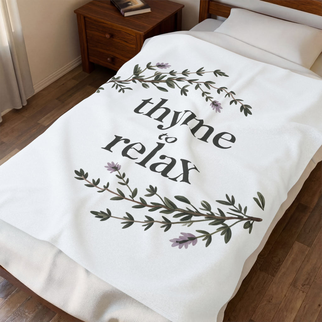Velveteen Blanket — "Thyme to Relax" Floral Cozy Throw for Home, Spa & Self-Care Gifts