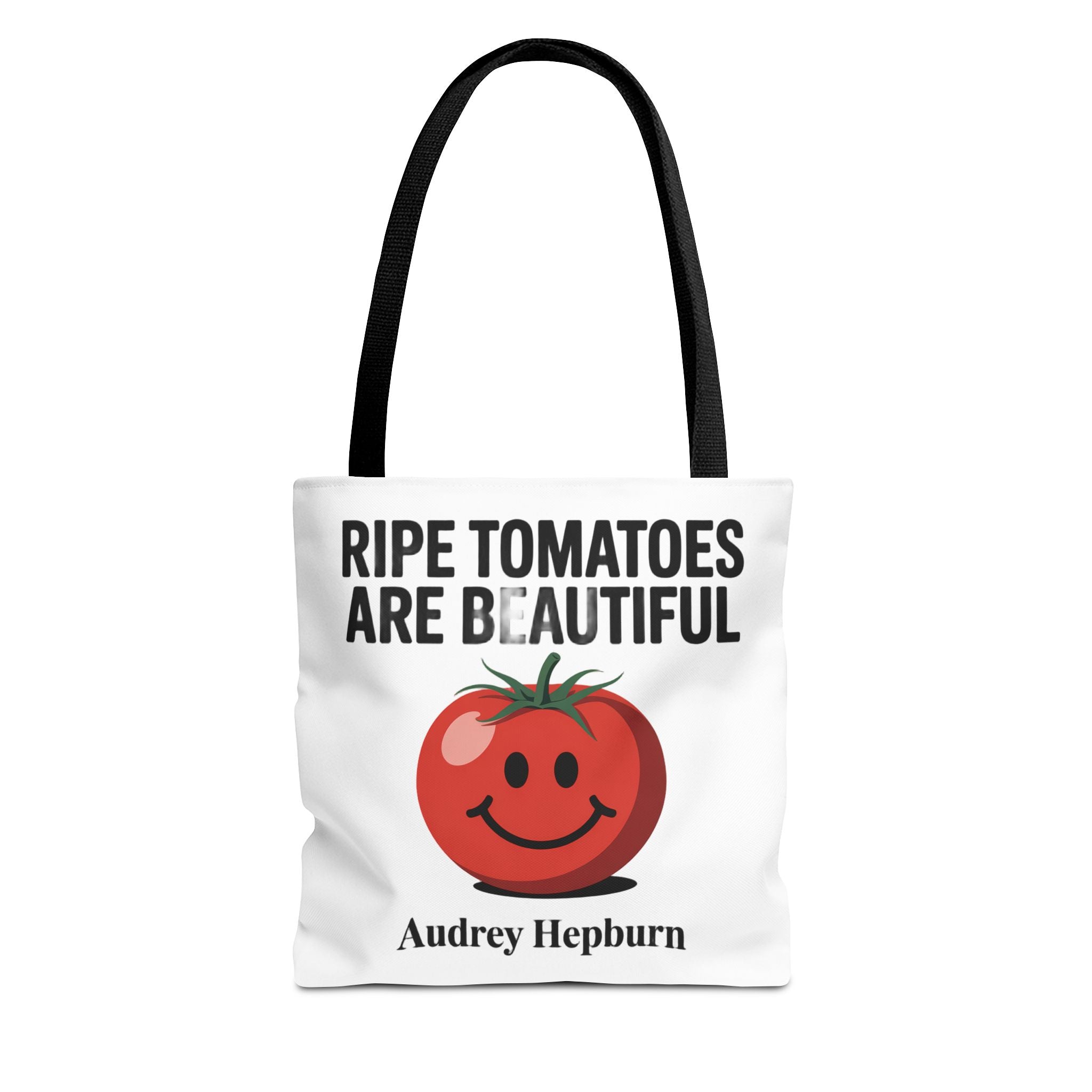 Tote Bag — "Ripe Tomatoes Are Beautiful" Audrey Hepburn Quote with Smiling Tomato Graphic
