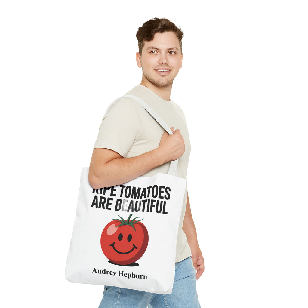 Tote Bag — "Ripe Tomatoes Are Beautiful" Audrey Hepburn Quote with Smiling Tomato Graphic