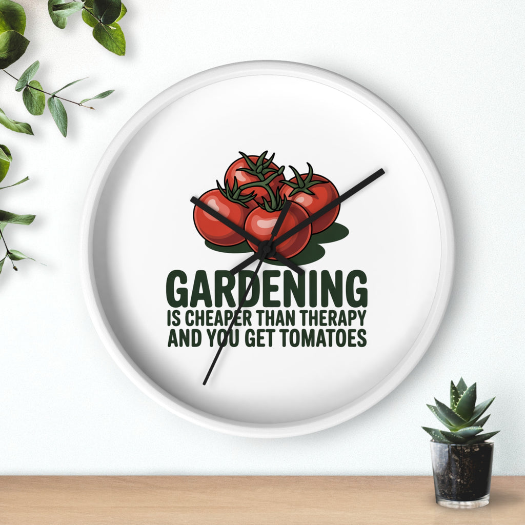 Gardening Wall Clock — "Gardening is Cheaper Than Therapy and You Get Tomatoes" Decorative Clock for Gardeners