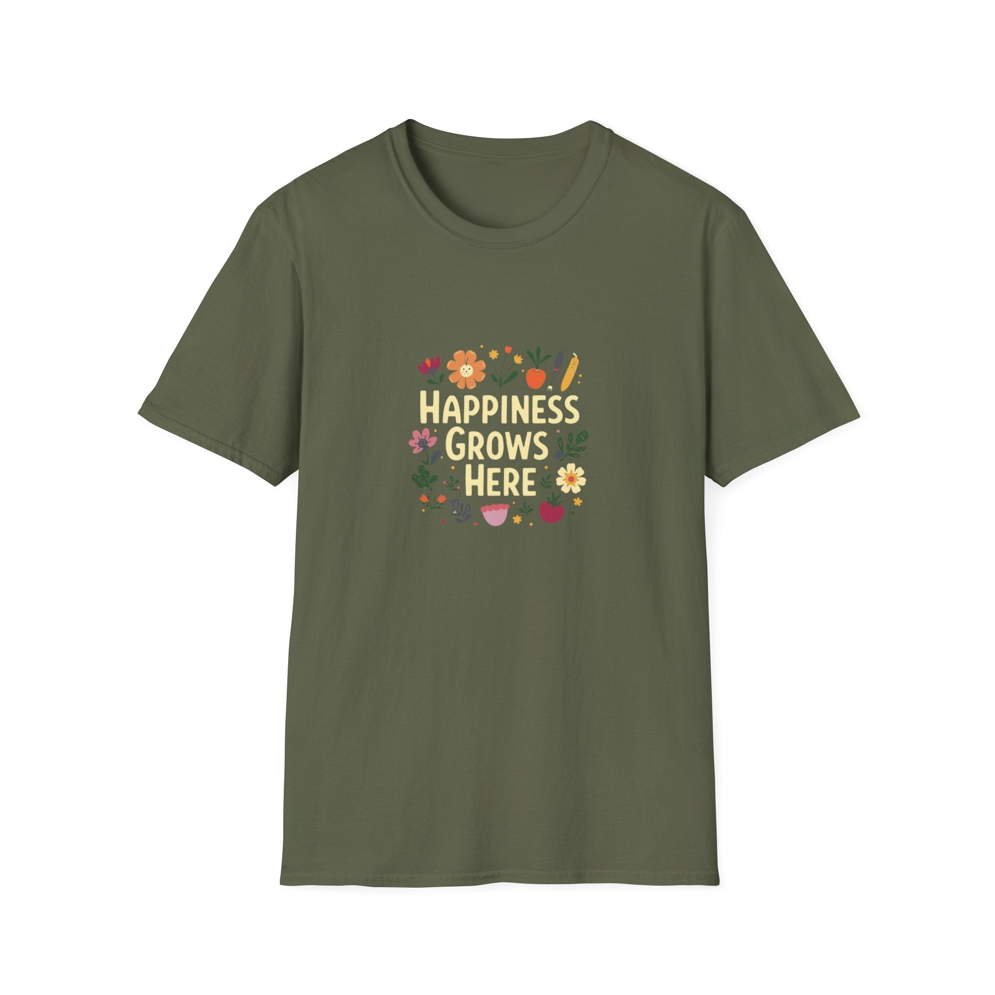Happiness Grows Here T-Shirt — Floral Gardening Graphic Tee