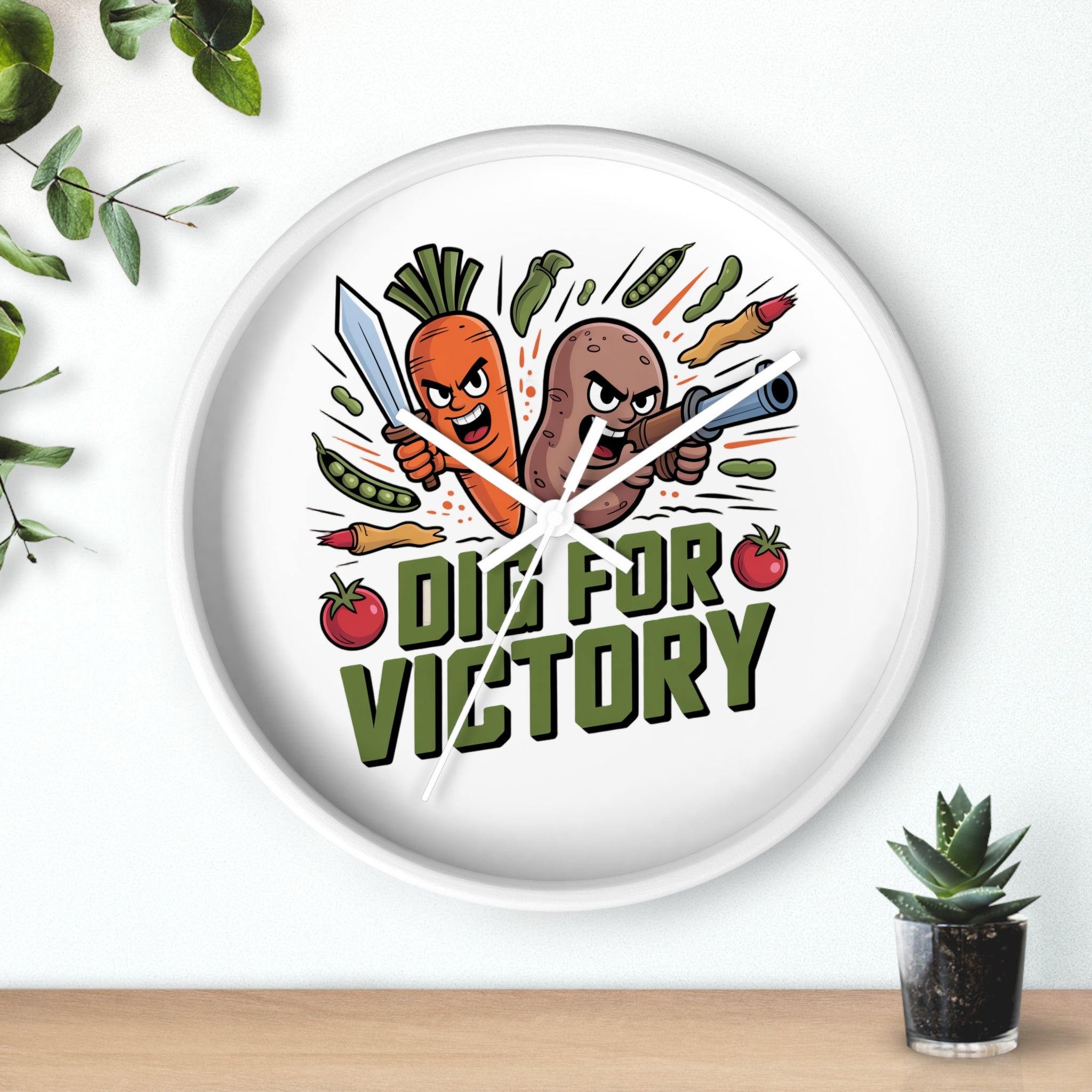 Dig For Victory Wall Clock — Funny Veggie Garden Clock with Carrot & Potato Illustration