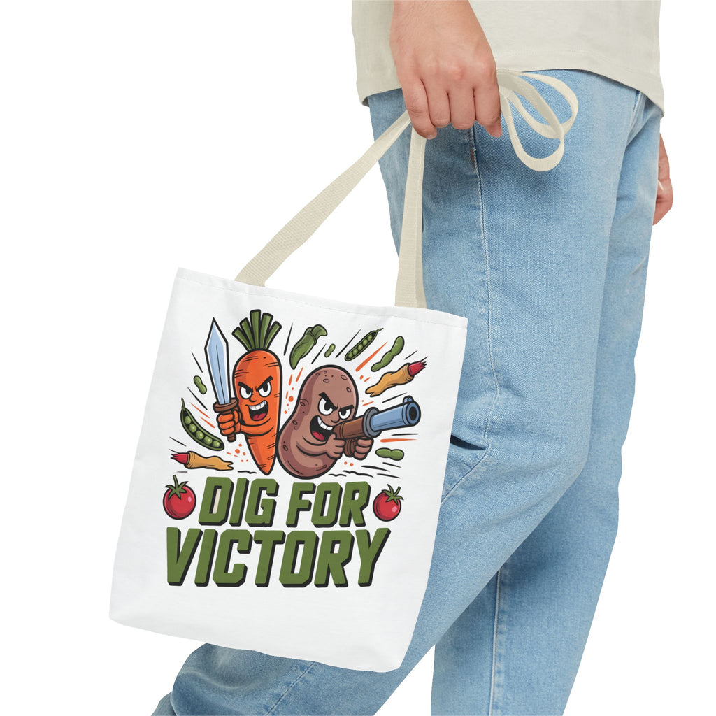 Tote Bag — "Dig for Victory" Garden Veggie Tote (Cute Carrot & Potato Illustration)