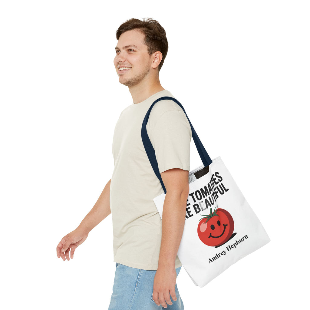 Tote Bag — "Ripe Tomatoes Are Beautiful" Audrey Hepburn Quote with Smiling Tomato Graphic