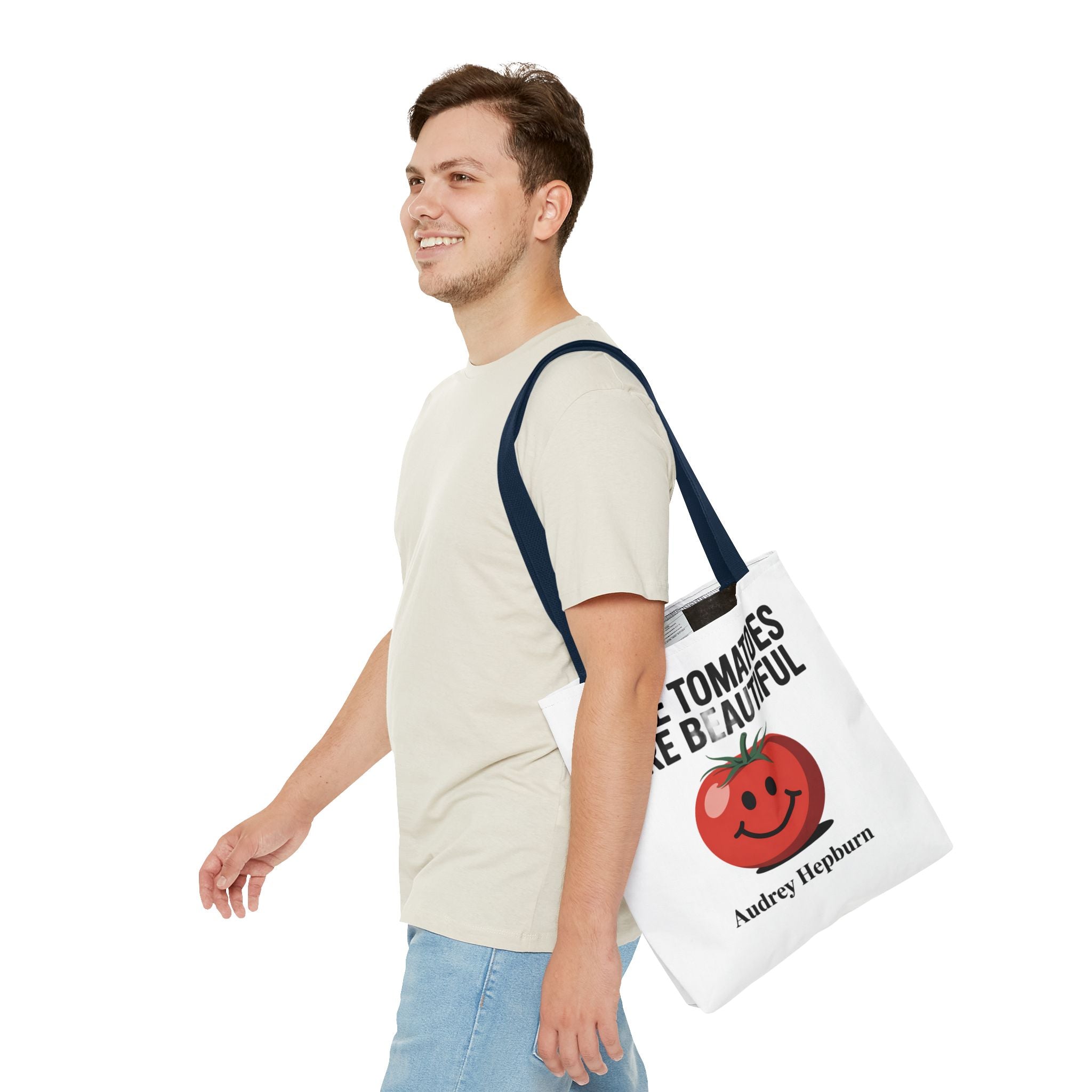 Tote Bag — "Ripe Tomatoes Are Beautiful" Audrey Hepburn Quote with Smiling Tomato Graphic