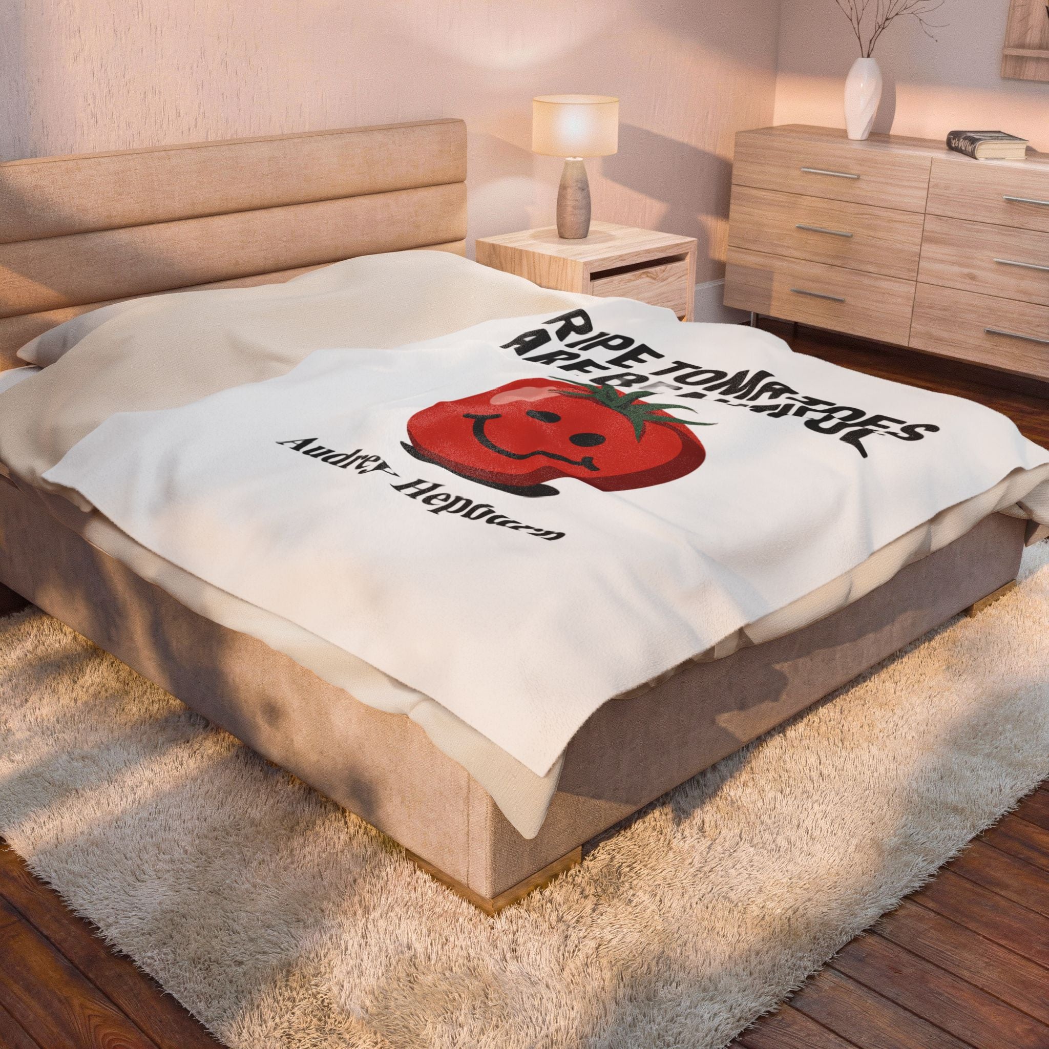 Velveteen Plush Blanket - "Ripe Tomatoes Are Beautiful" Audrey Hepburn Quote with Smiling Tomato — Cozy Kitchen Throw Gift