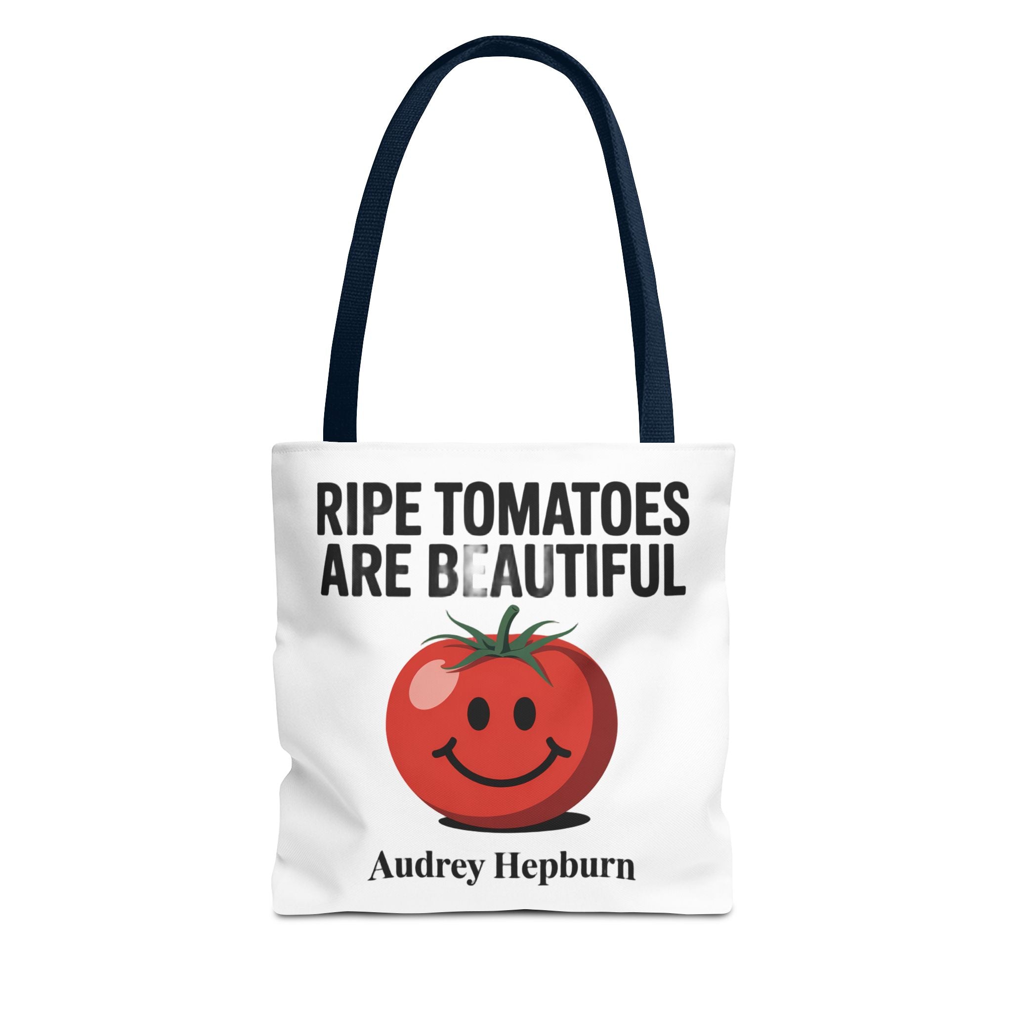 Tote Bag — "Ripe Tomatoes Are Beautiful" Audrey Hepburn Quote with Smiling Tomato Graphic