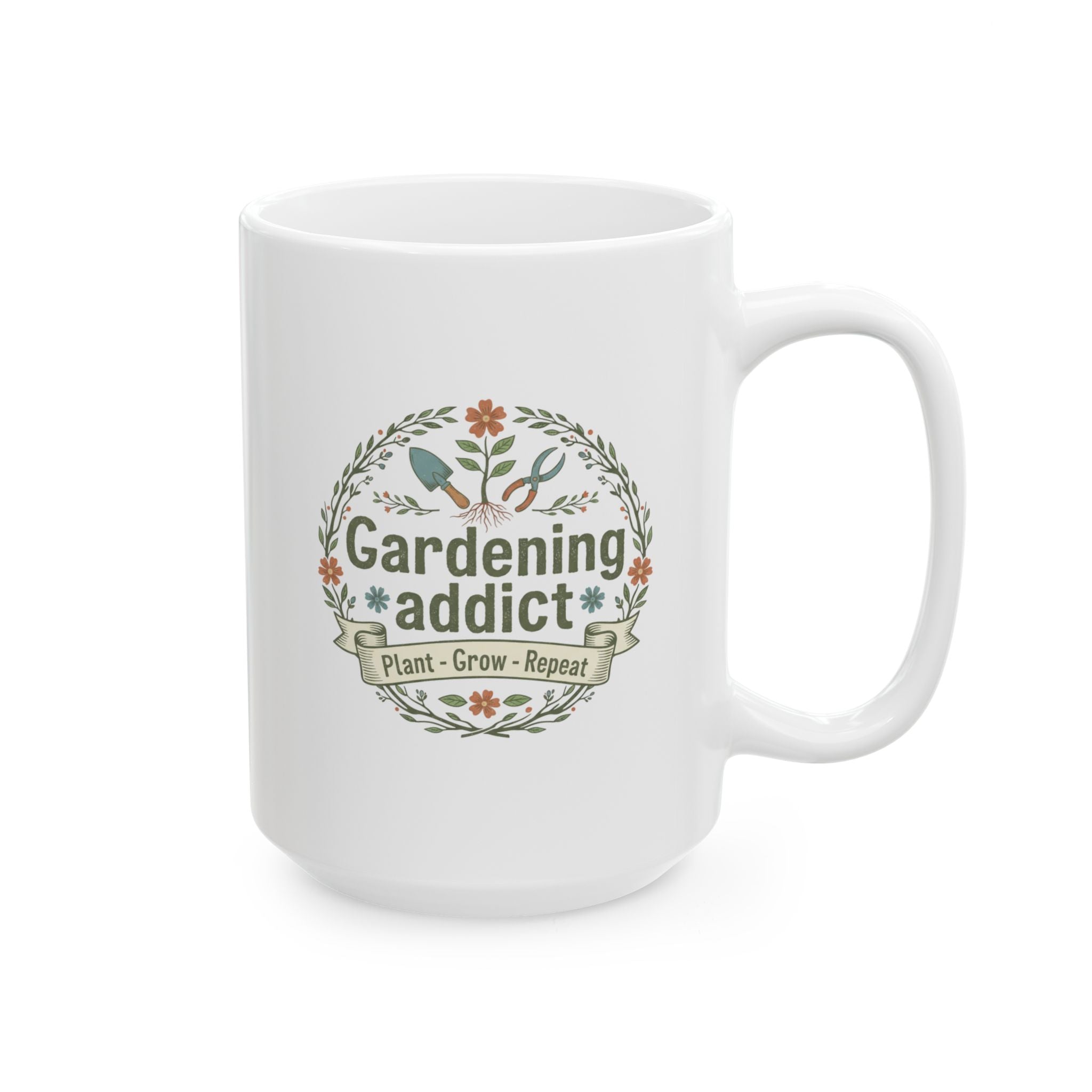 Gardening Addict Ceramic Mug — Floral Design with Garden Tools (11oz & 15oz)