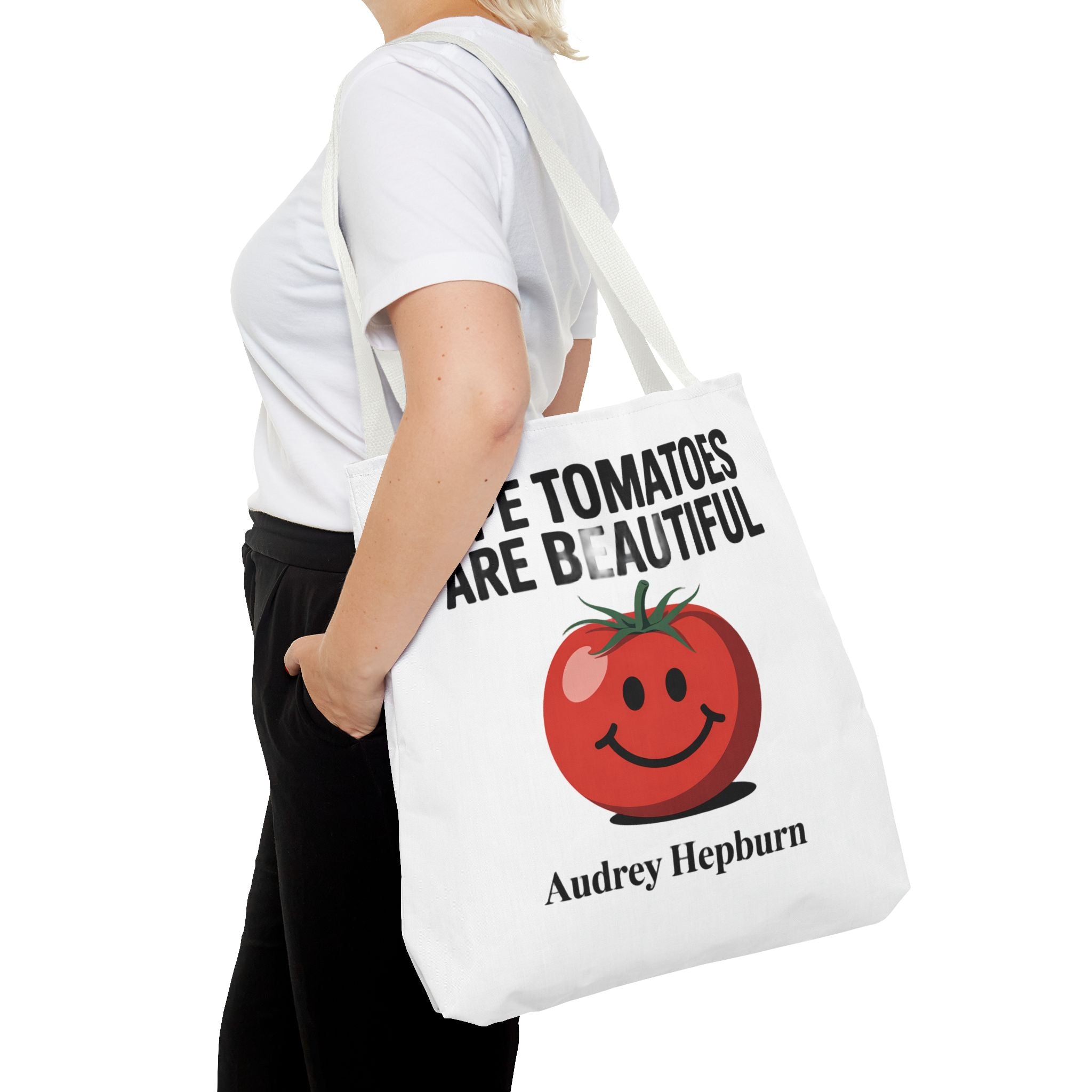 Tote Bag — "Ripe Tomatoes Are Beautiful" Audrey Hepburn Quote with Smiling Tomato Graphic
