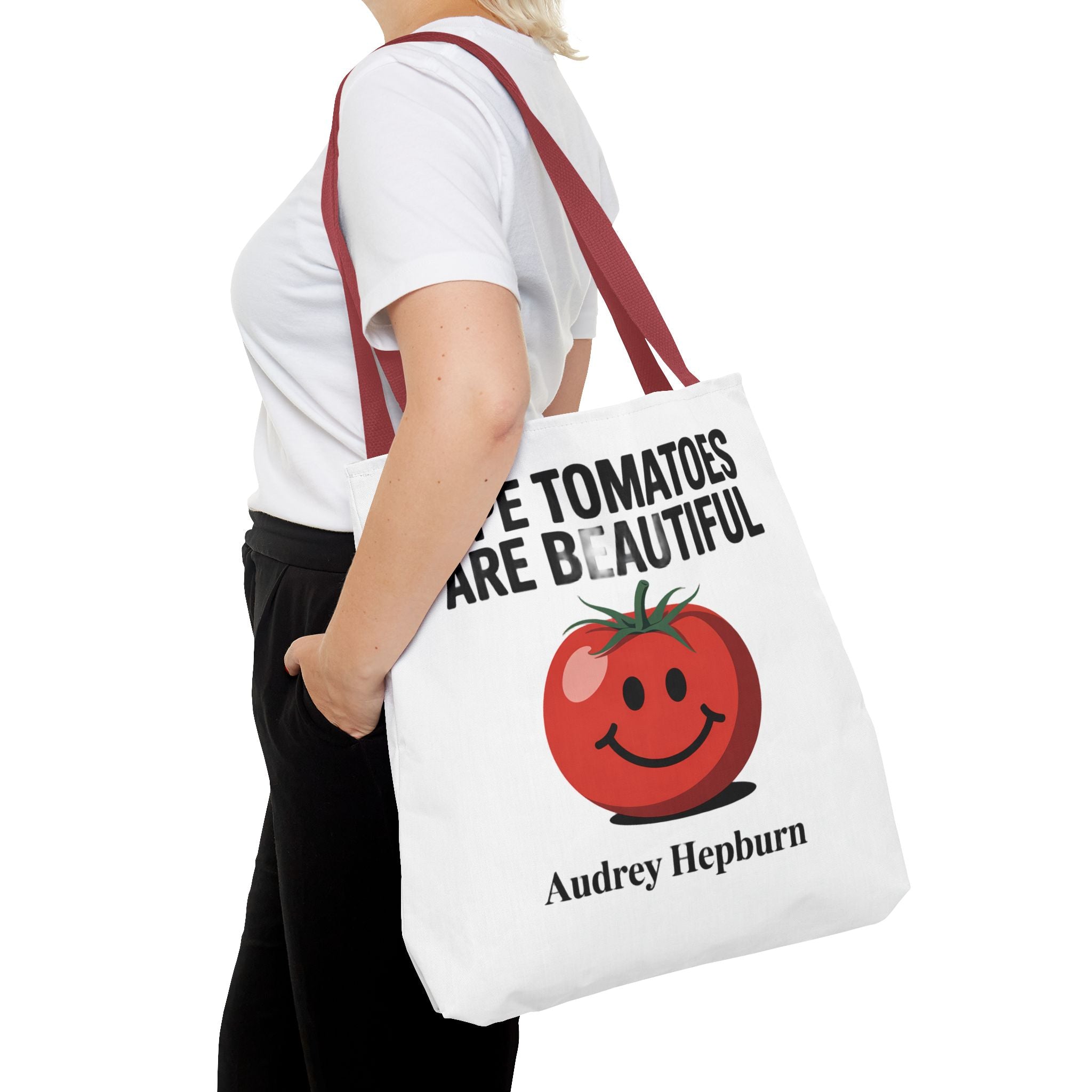 Tote Bag — "Ripe Tomatoes Are Beautiful" Audrey Hepburn Quote with Smiling Tomato Graphic