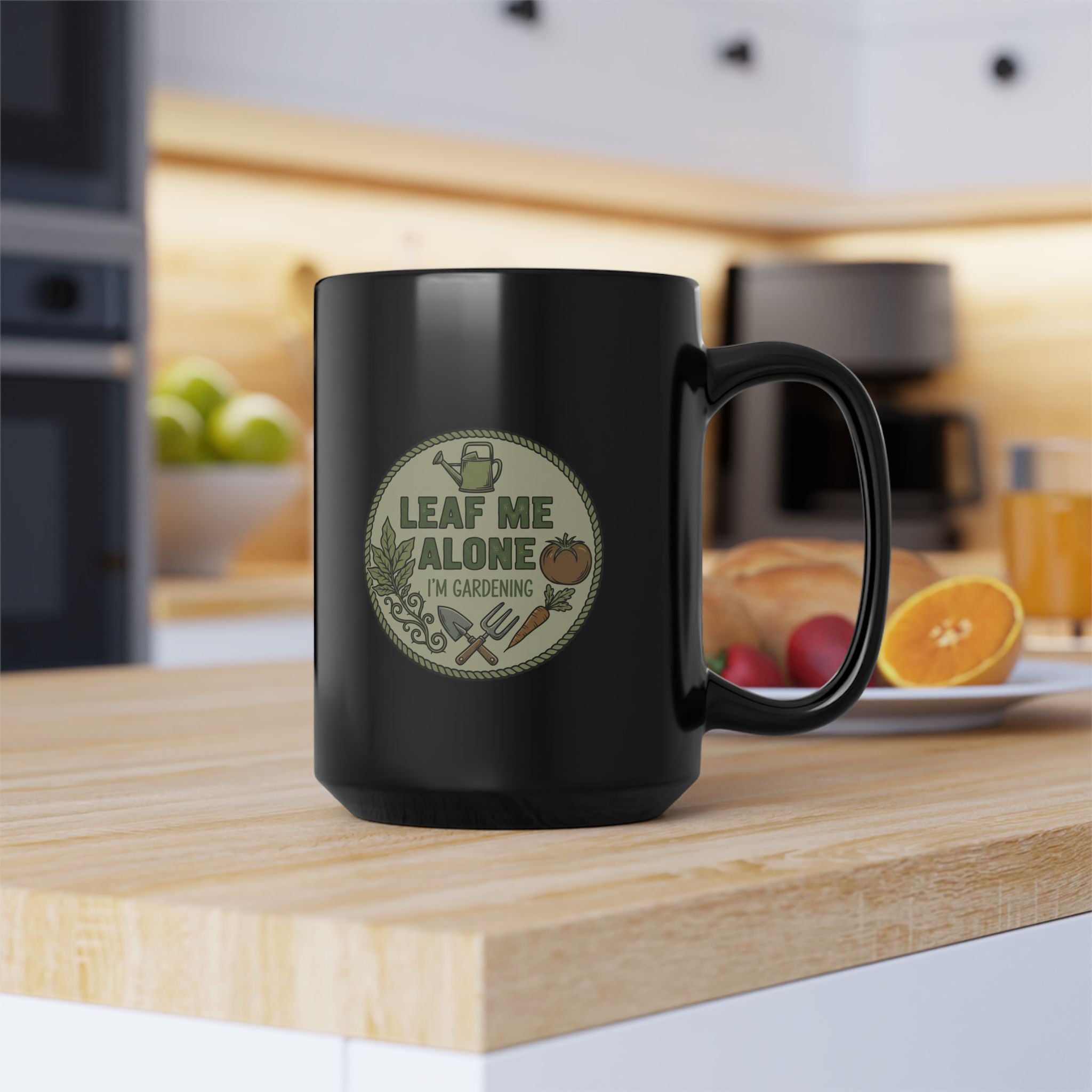 Gardening Mug - "Leaf Me Alone, I'm Gardening" Black Coffee Cup (11oz/15oz)