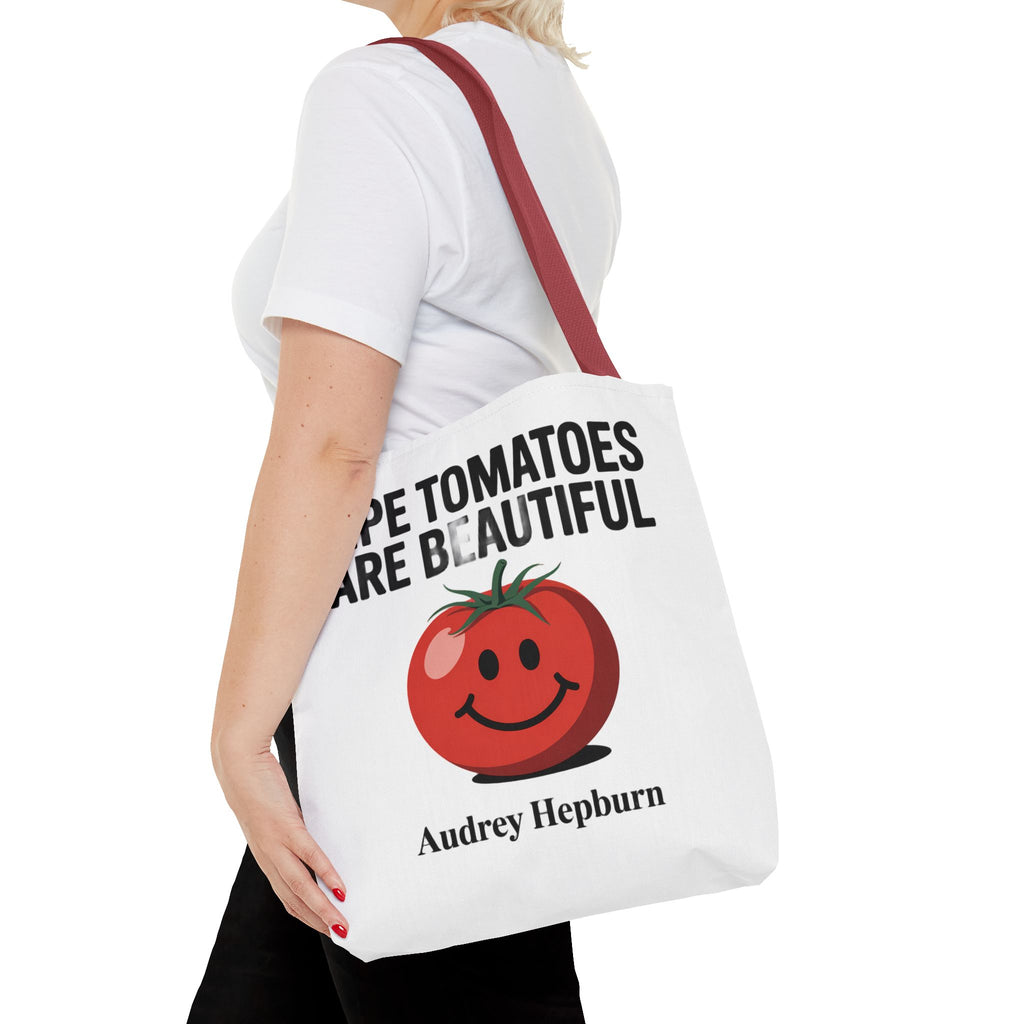 Tote Bag — "Ripe Tomatoes Are Beautiful" Audrey Hepburn Quote with Smiling Tomato Graphic
