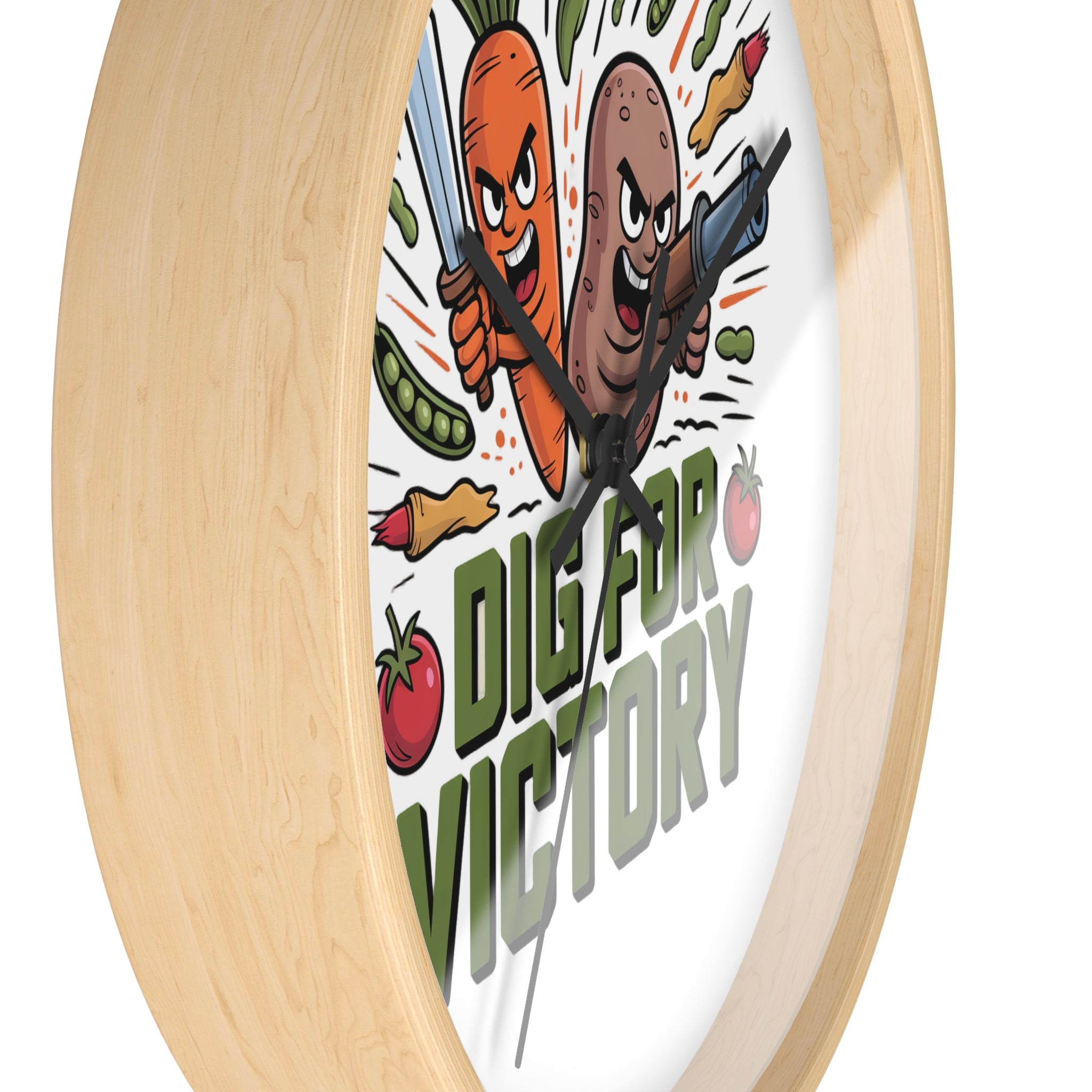 Dig For Victory Wall Clock — Funny Veggie Garden Clock with Carrot & Potato Illustration