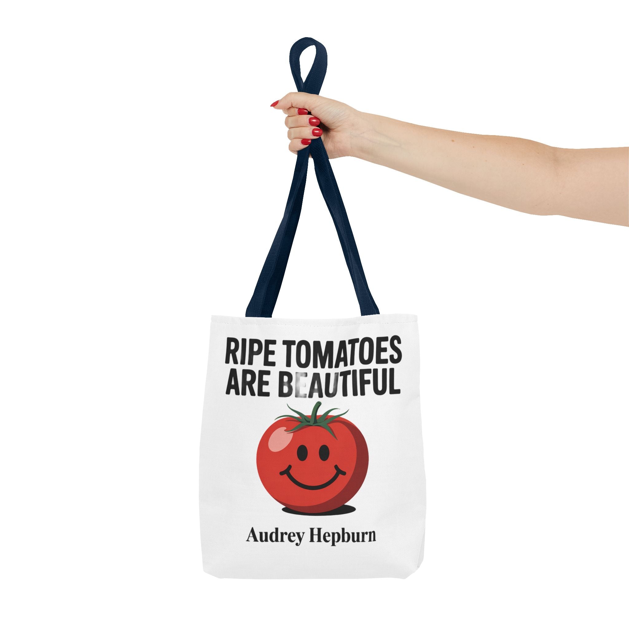 Tote Bag — "Ripe Tomatoes Are Beautiful" Audrey Hepburn Quote with Smiling Tomato Graphic