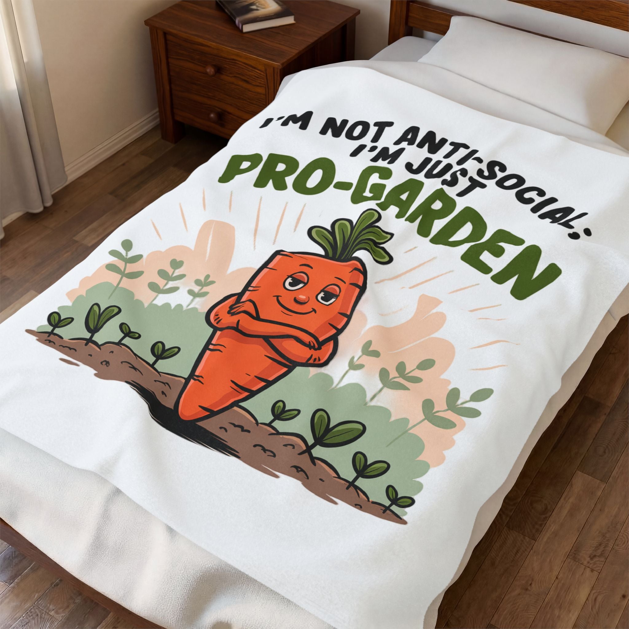 Velveteen Blanket — "I'm Not Anti-Social, I'm Just Pro-Garden" Cute Carrot Gardener Throw