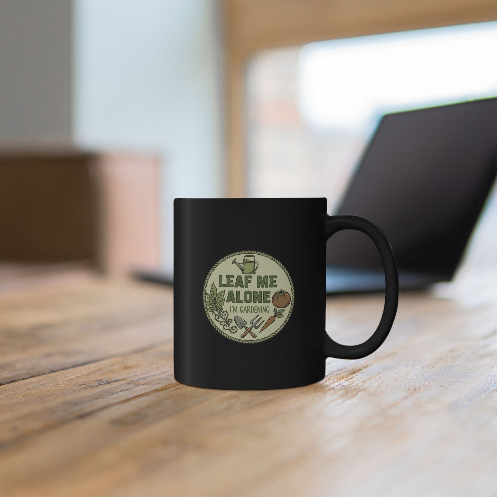 Gardening Mug - "Leaf Me Alone, I'm Gardening" Black Coffee Cup (11oz/15oz)