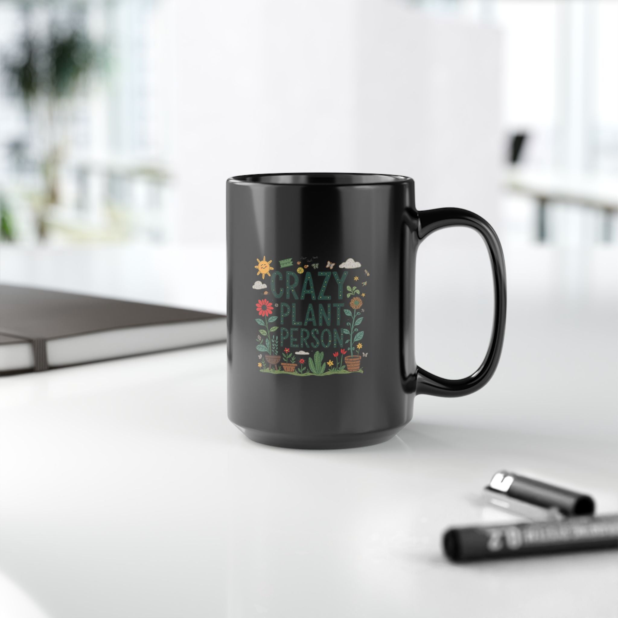 Crazy Plant Person Mug — Black Ceramic Plant Lover Coffee Cup (11oz, 15oz)