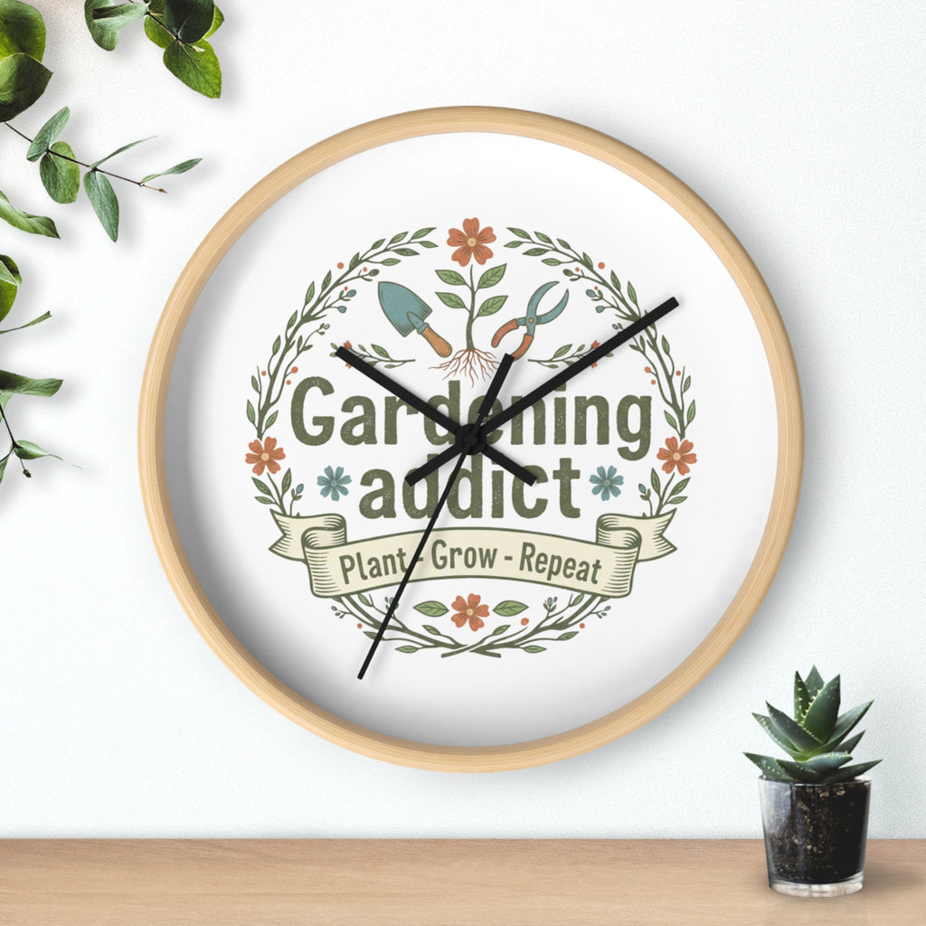 Gardening Addict Wall Clock — Plant • Grow • Repeat Decorative Garden Clock