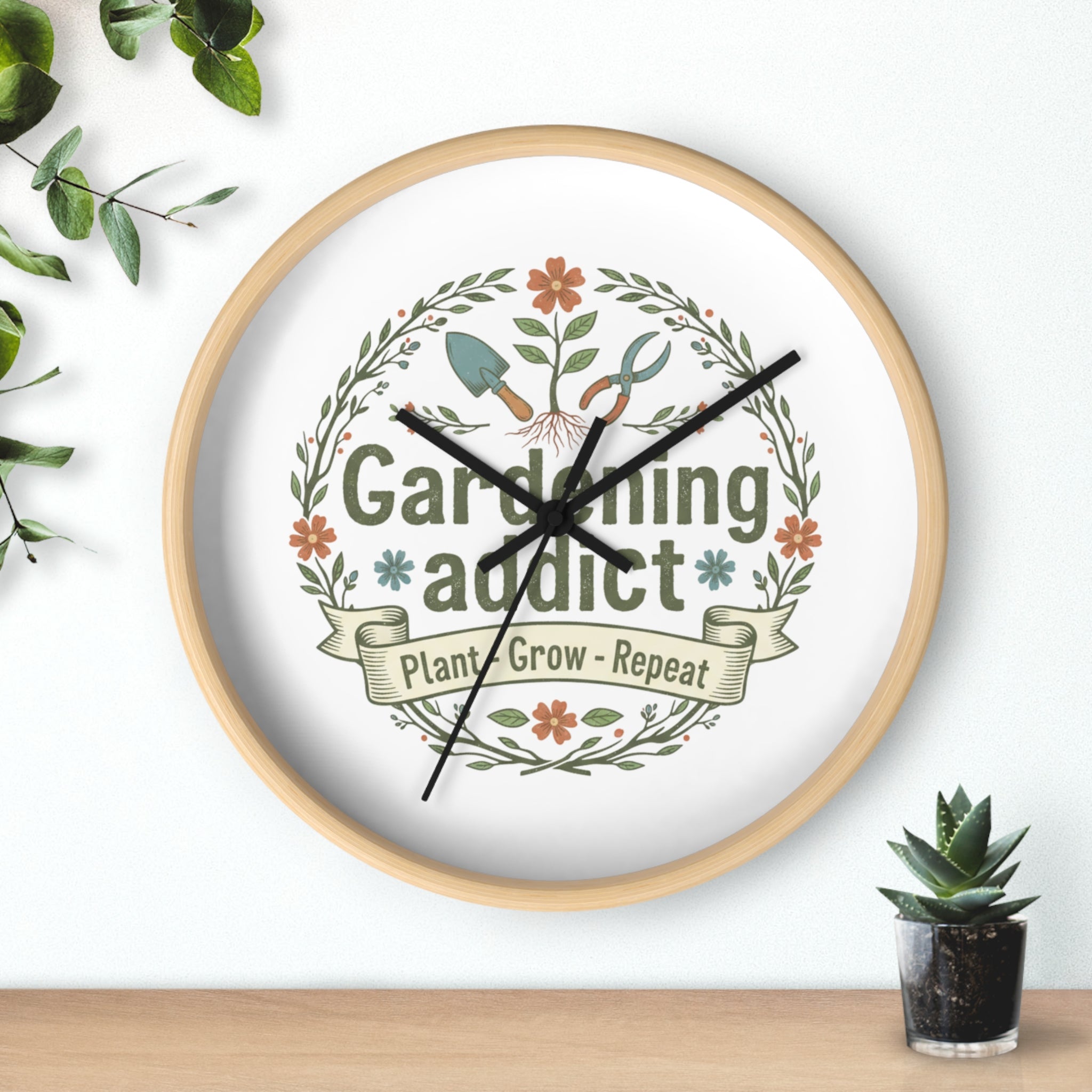Gardening Addict Wall Clock — Plant • Grow • Repeat Decorative Garden Clock