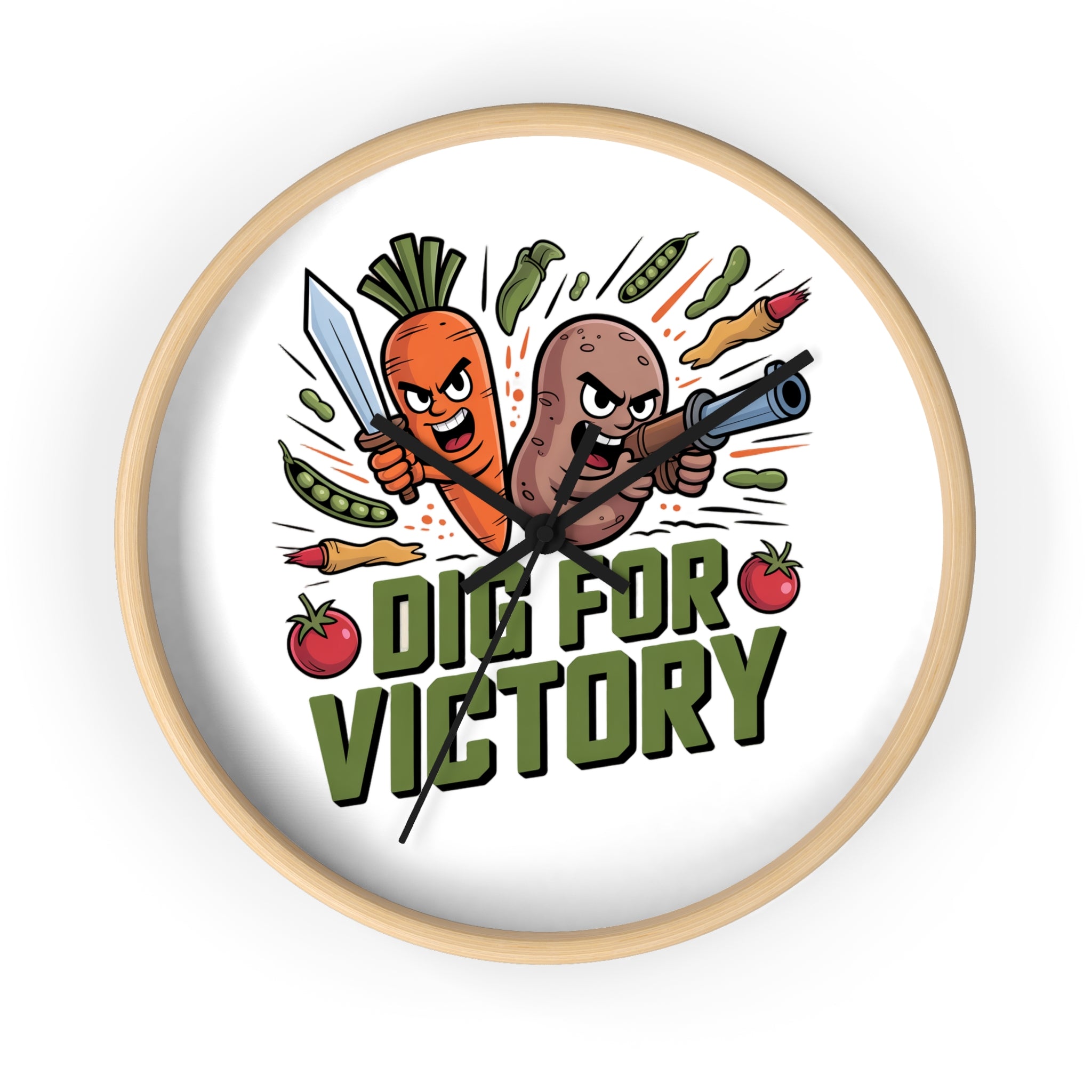 Dig For Victory Wall Clock — Funny Veggie Garden Clock with Carrot & Potato Illustration