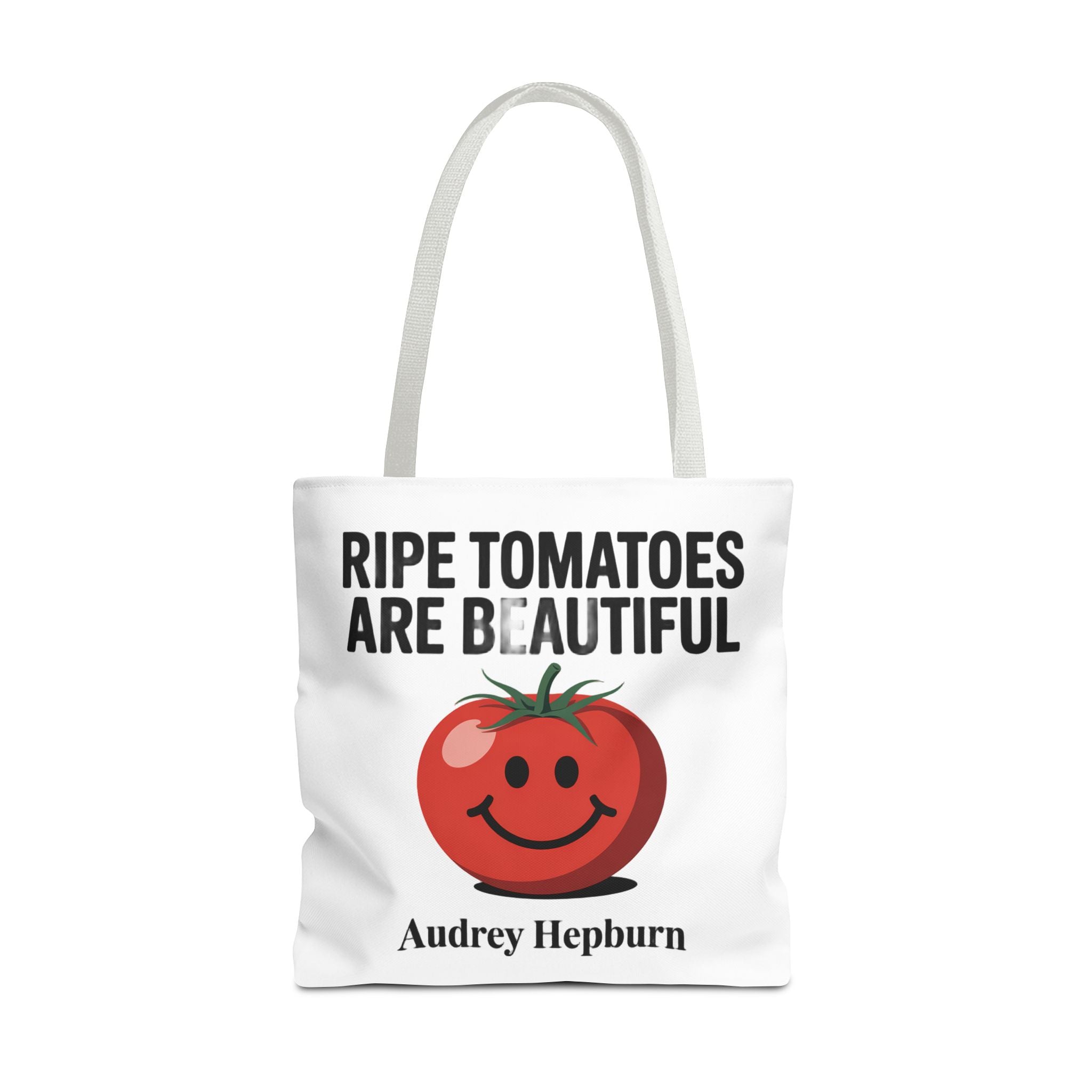 Tote Bag — "Ripe Tomatoes Are Beautiful" Audrey Hepburn Quote with Smiling Tomato Graphic