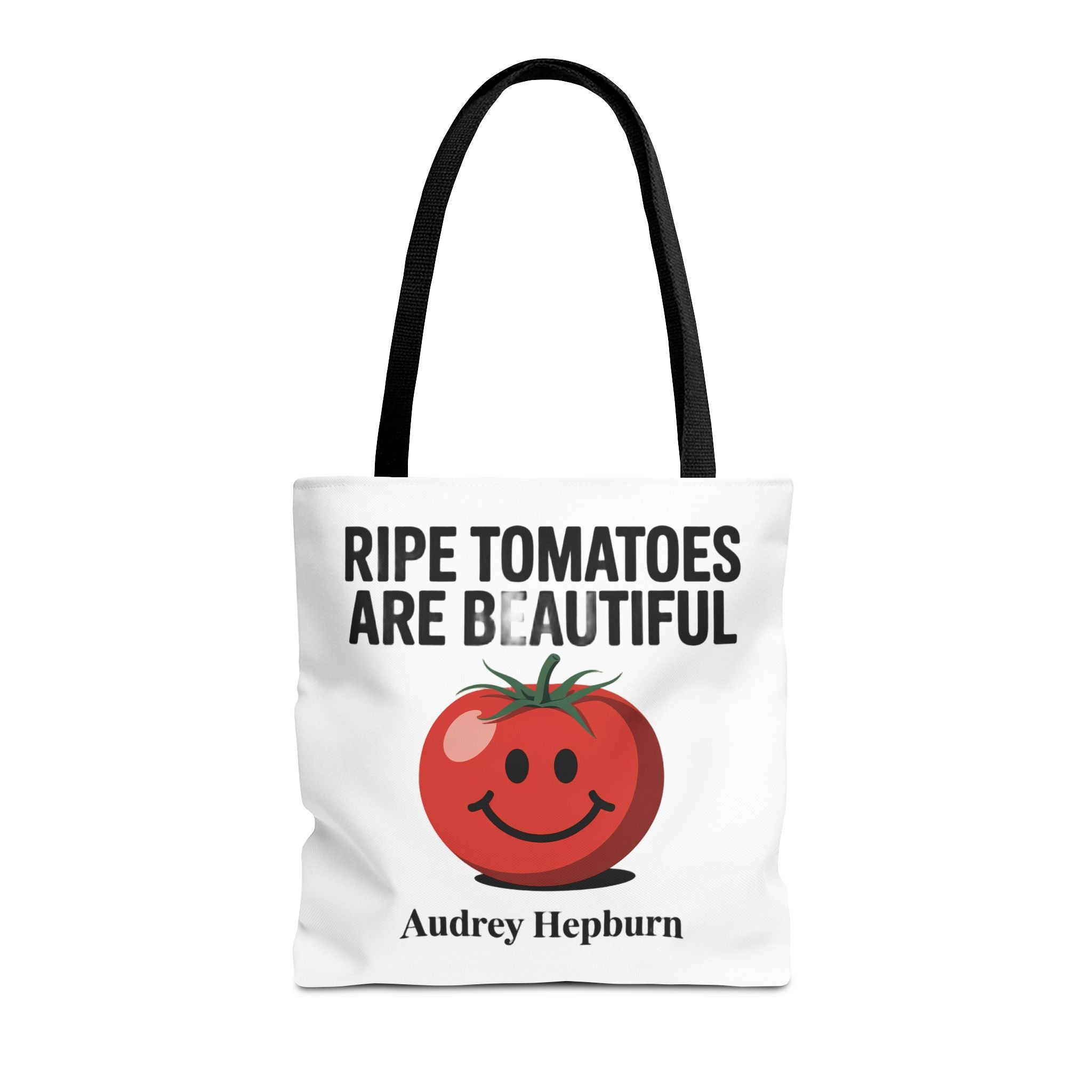 Tote Bag — "Ripe Tomatoes Are Beautiful" Audrey Hepburn Quote with Smiling Tomato Graphic
