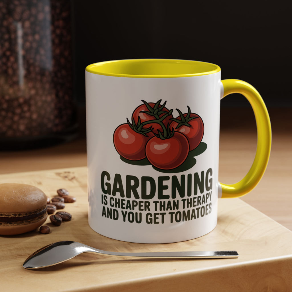 Gardening Coffee Mug – “Gardening Is Cheaper Than Therapy and You Get Tomatoes” Accent Mug