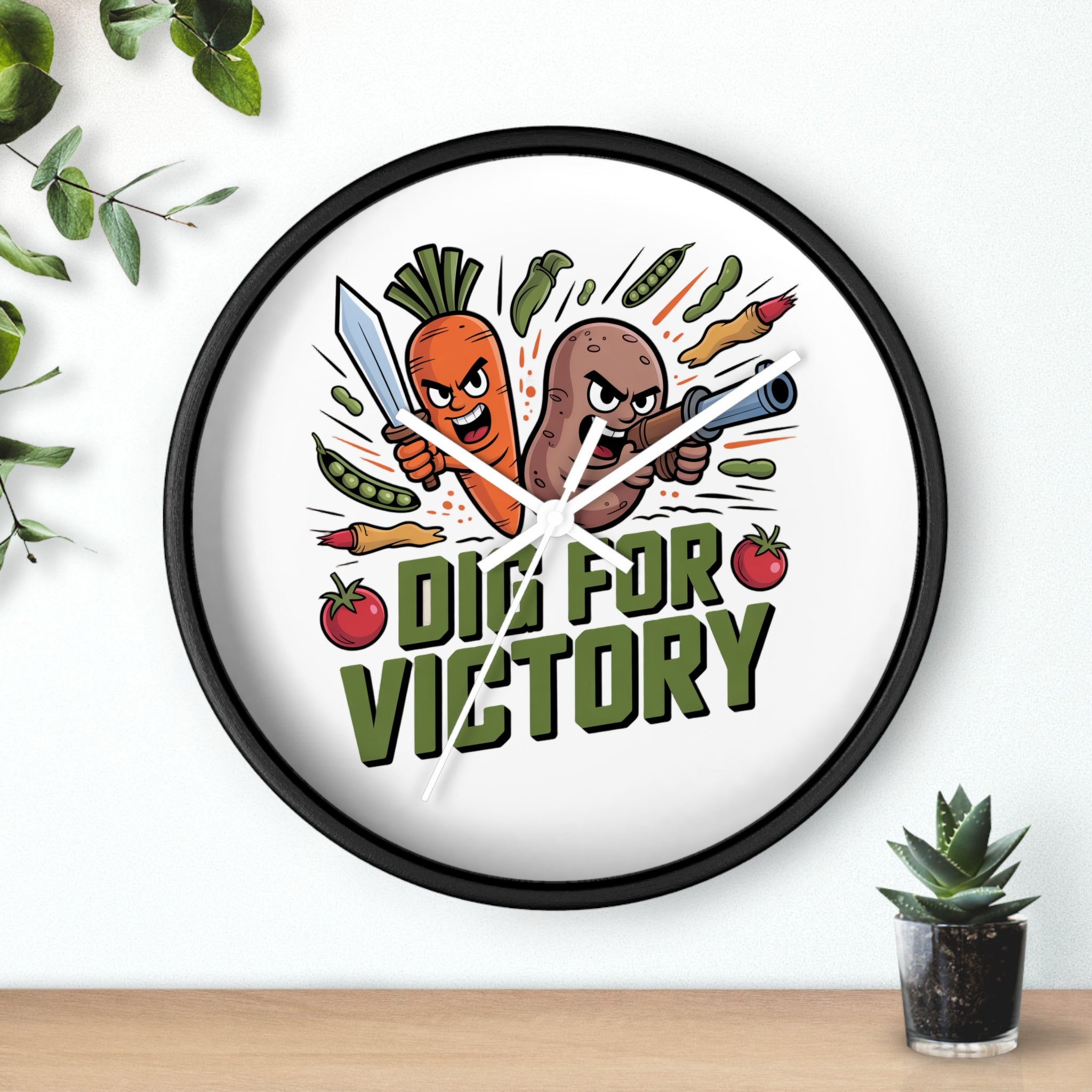 Dig For Victory Wall Clock — Funny Veggie Garden Clock with Carrot & Potato Illustration