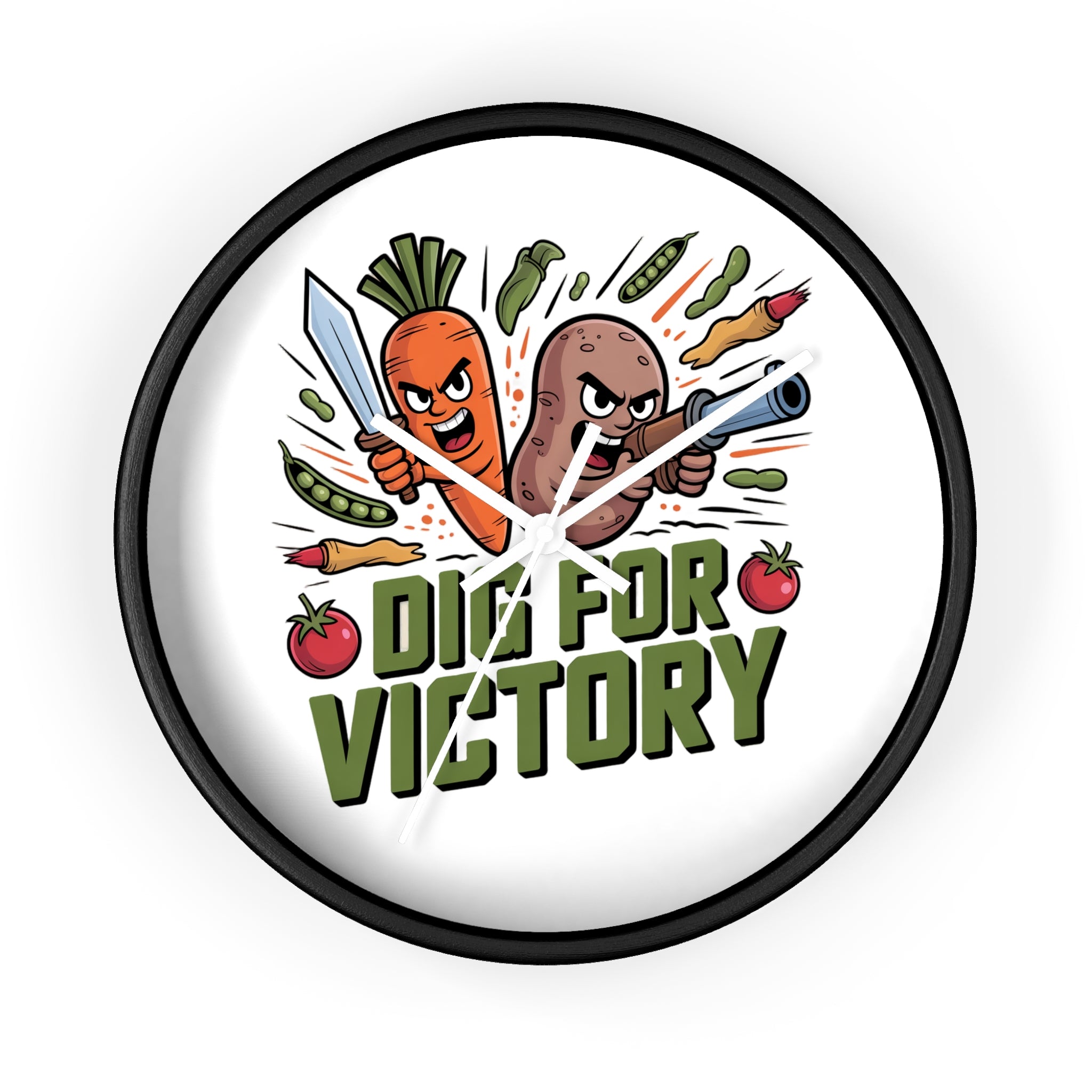 Dig For Victory Wall Clock — Funny Veggie Garden Clock with Carrot & Potato Illustration