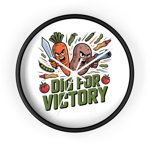 Dig For Victory Wall Clock — Funny Veggie Garden Clock with Carrot & Potato Illustration