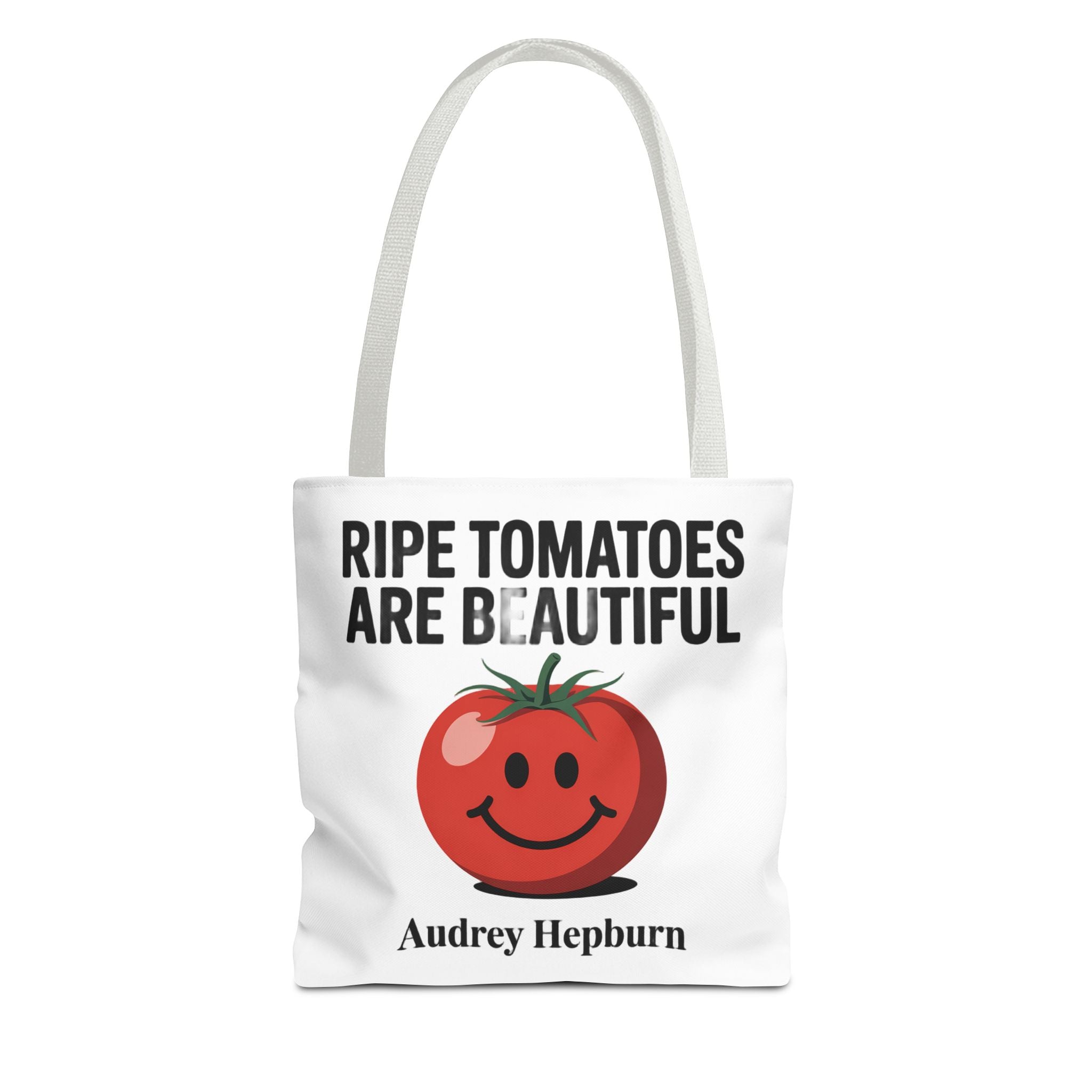 Tote Bag — "Ripe Tomatoes Are Beautiful" Audrey Hepburn Quote with Smiling Tomato Graphic