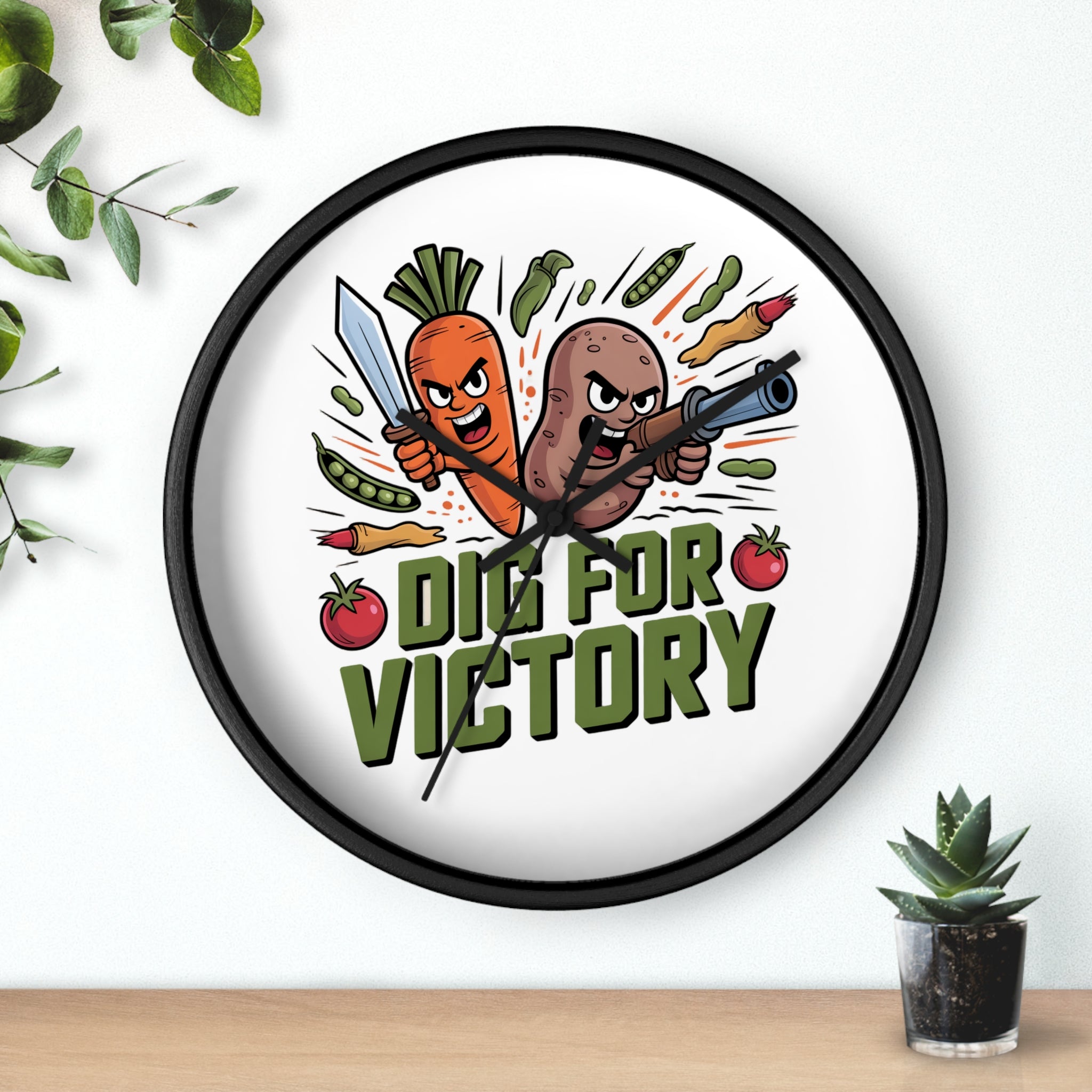 Dig For Victory Wall Clock — Funny Veggie Garden Clock with Carrot & Potato Illustration