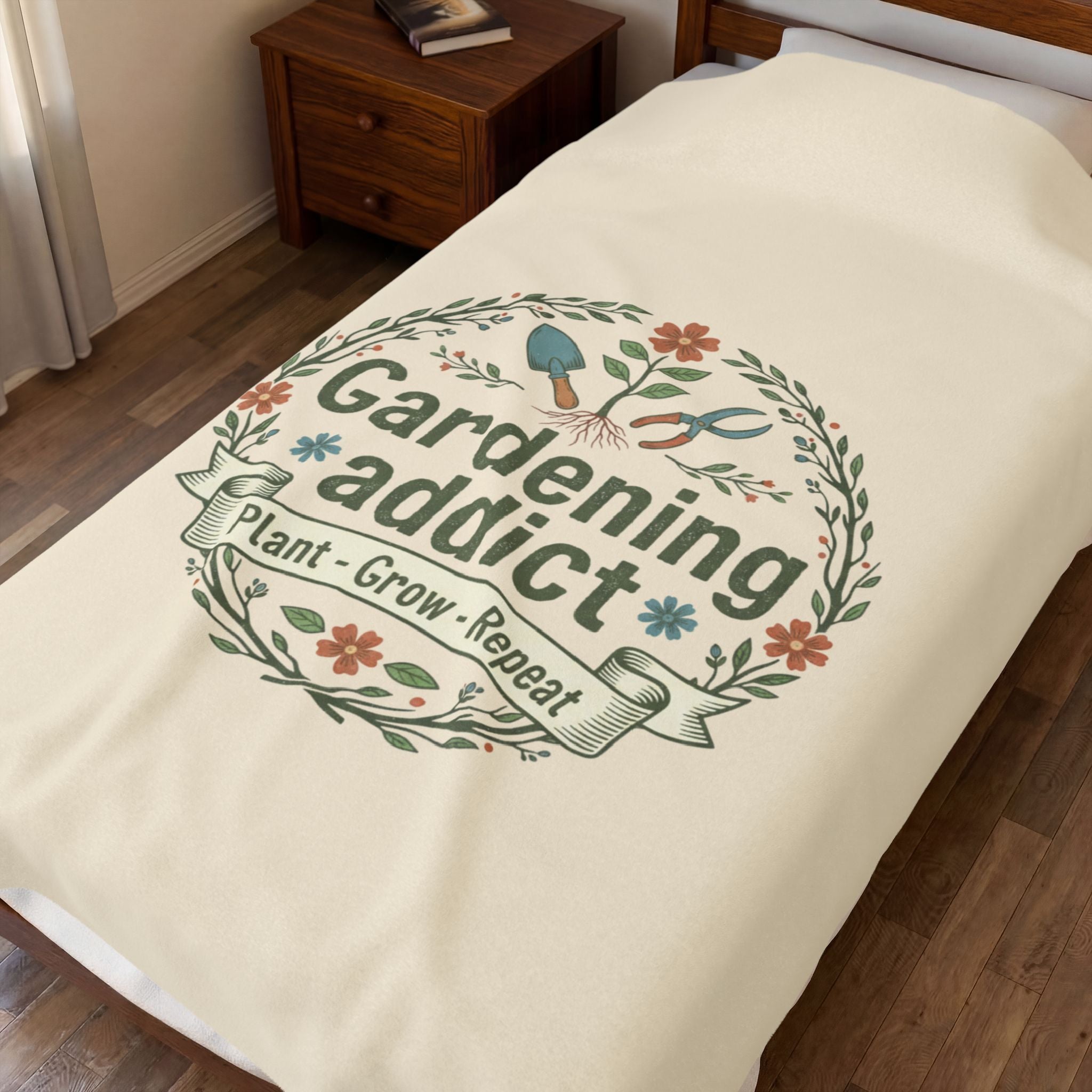 Gardening Addict Velveteen Plush Blanket — 'Plant • Grow • Repeat' Cozy Throw for Garden Lovers