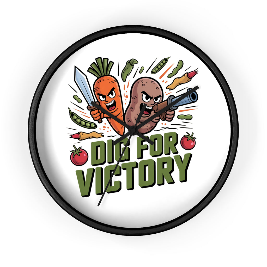 Dig For Victory Wall Clock — Funny Veggie Garden Clock with Carrot & Potato Illustration