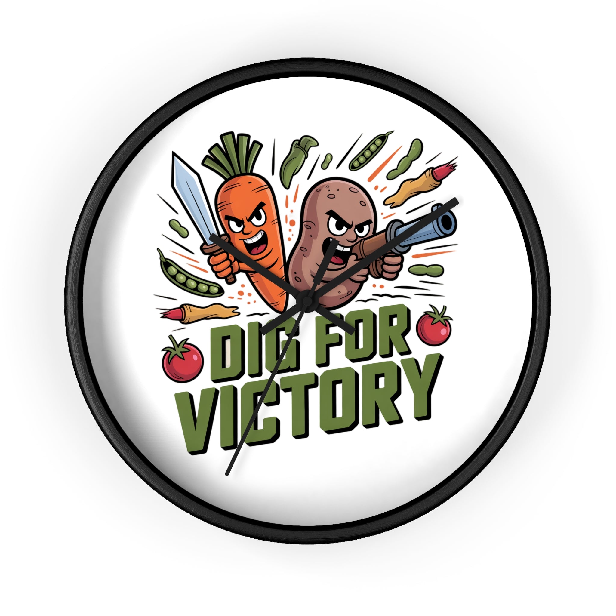 Dig For Victory Wall Clock — Funny Veggie Garden Clock with Carrot & Potato Illustration