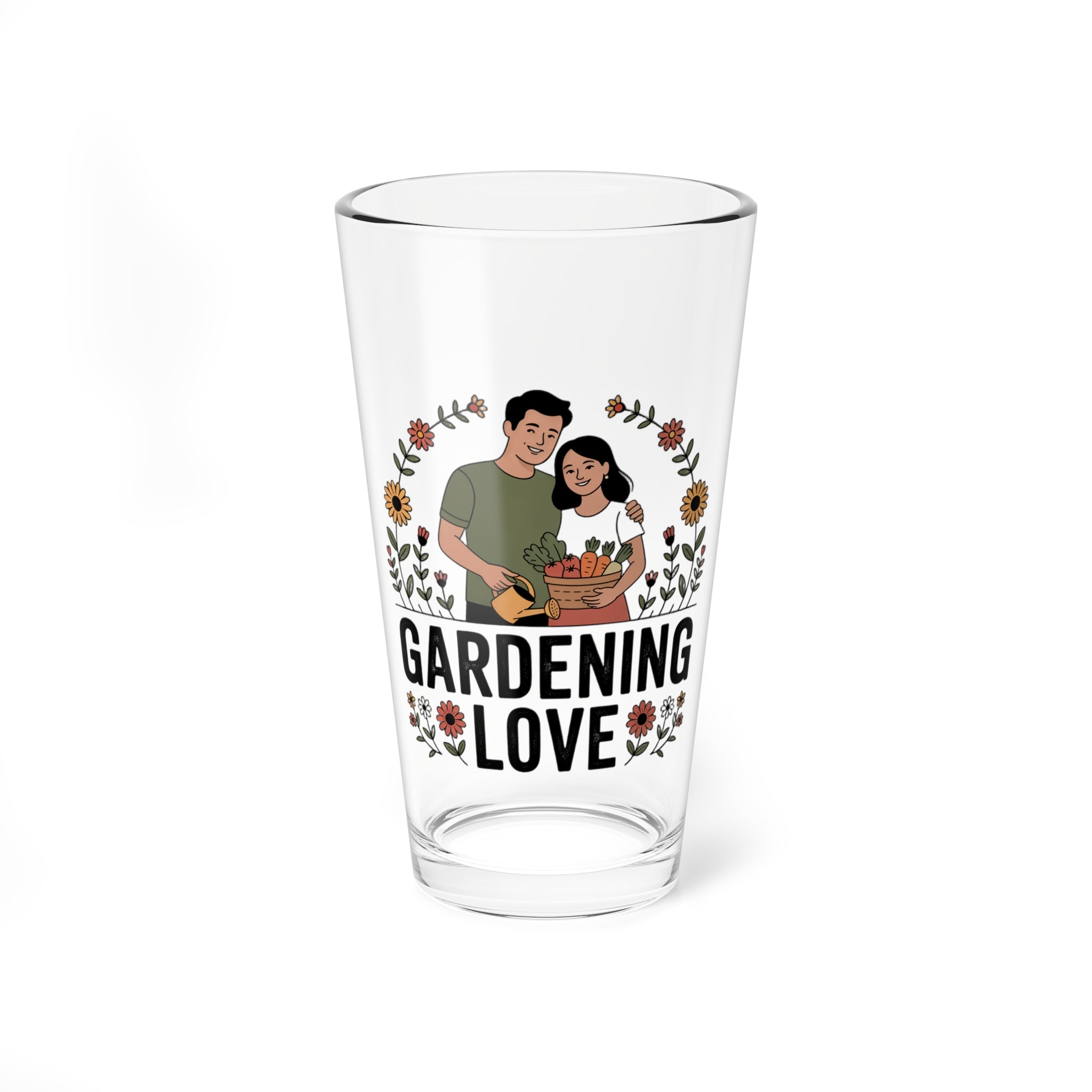 Gardening Love 16oz Mixing Glass – Floral Couple Illustration