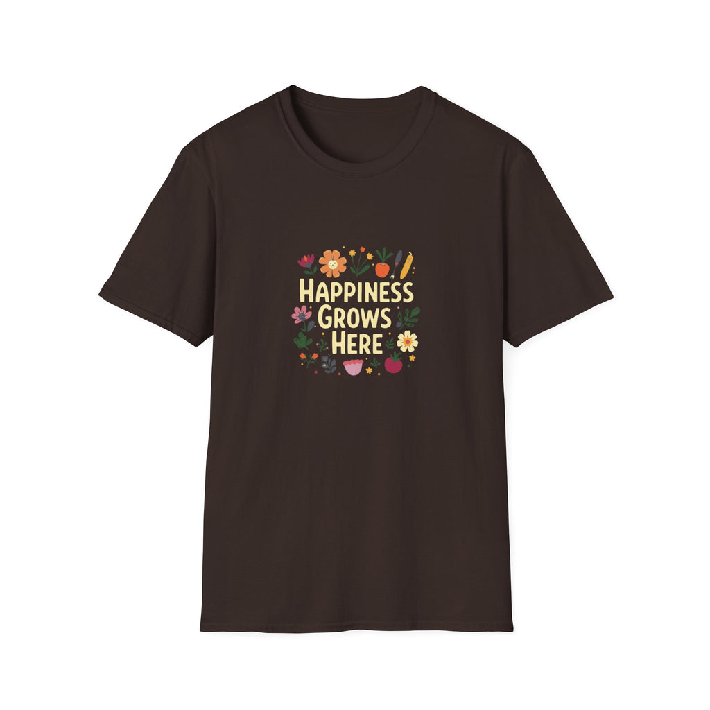 Happiness Grows Here T-Shirt — Floral Gardening Graphic Tee