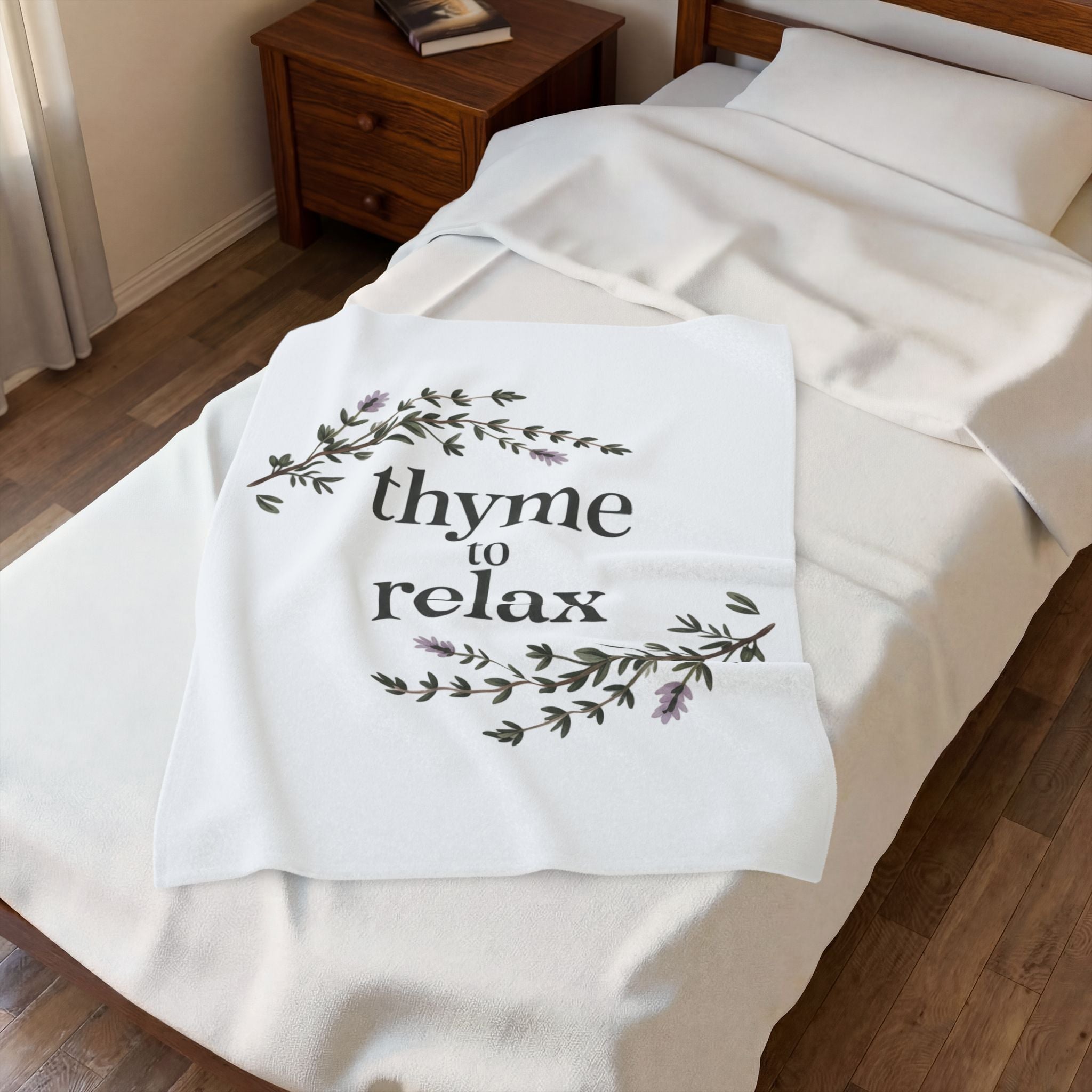 Velveteen Blanket — "Thyme to Relax" Floral Cozy Throw for Home, Spa & Self-Care Gifts
