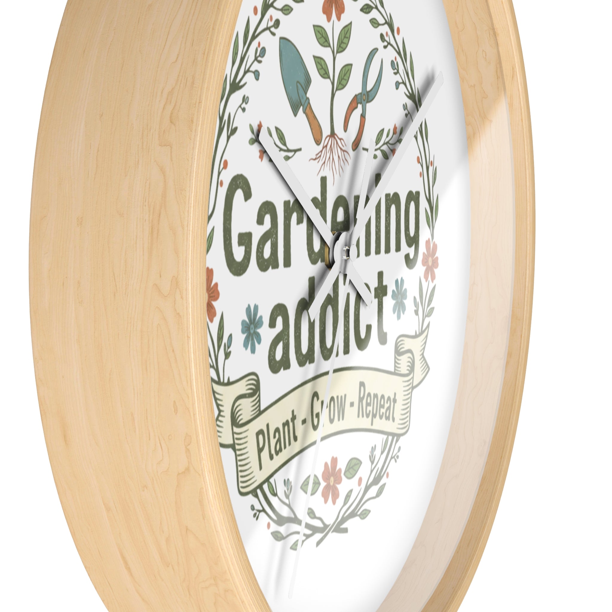 Gardening Addict Wall Clock — Plant • Grow • Repeat Decorative Garden Clock