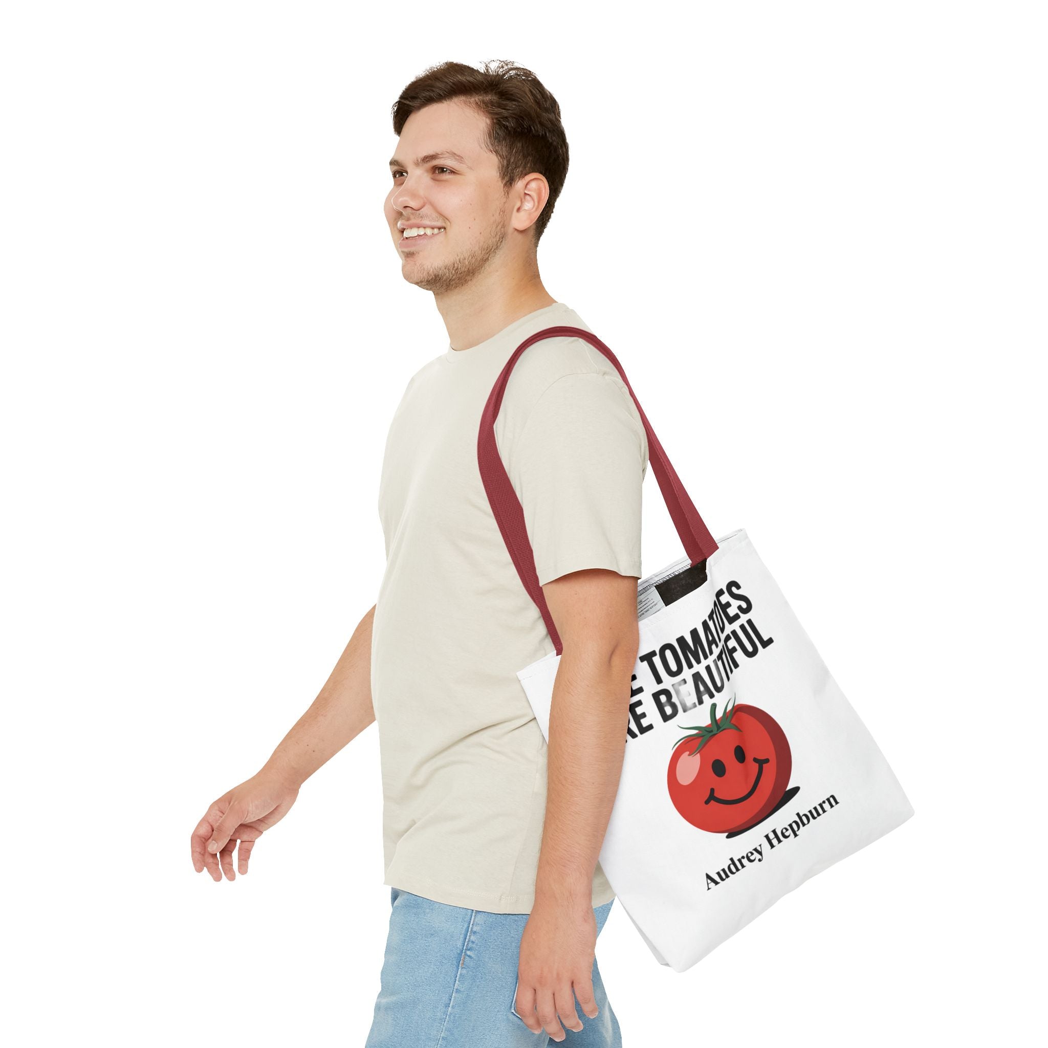 Tote Bag — "Ripe Tomatoes Are Beautiful" Audrey Hepburn Quote with Smiling Tomato Graphic