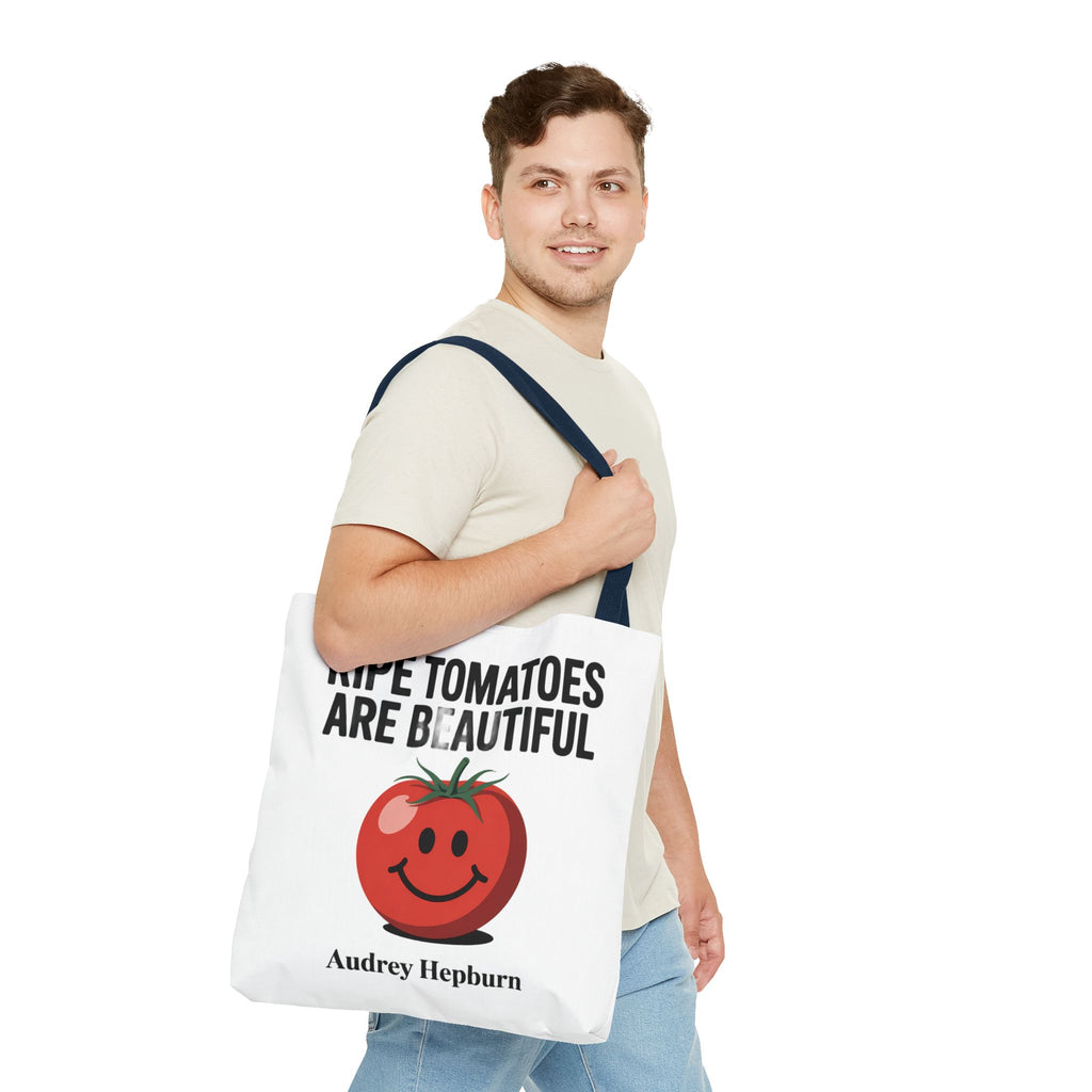 Tote Bag — "Ripe Tomatoes Are Beautiful" Audrey Hepburn Quote with Smiling Tomato Graphic