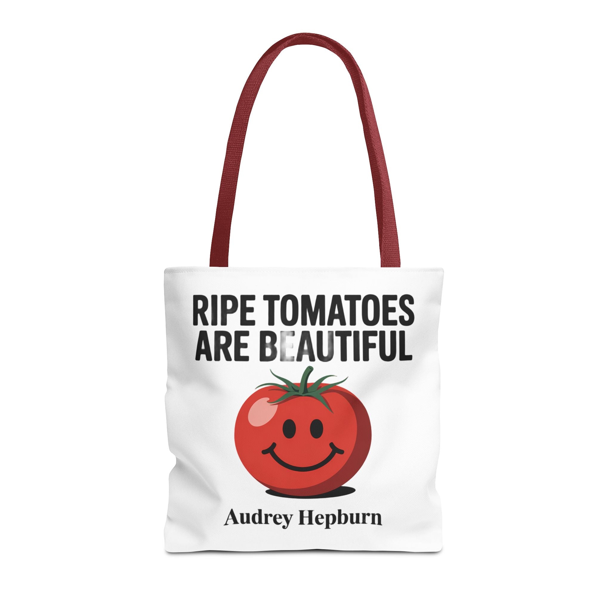 Tote Bag — "Ripe Tomatoes Are Beautiful" Audrey Hepburn Quote with Smiling Tomato Graphic