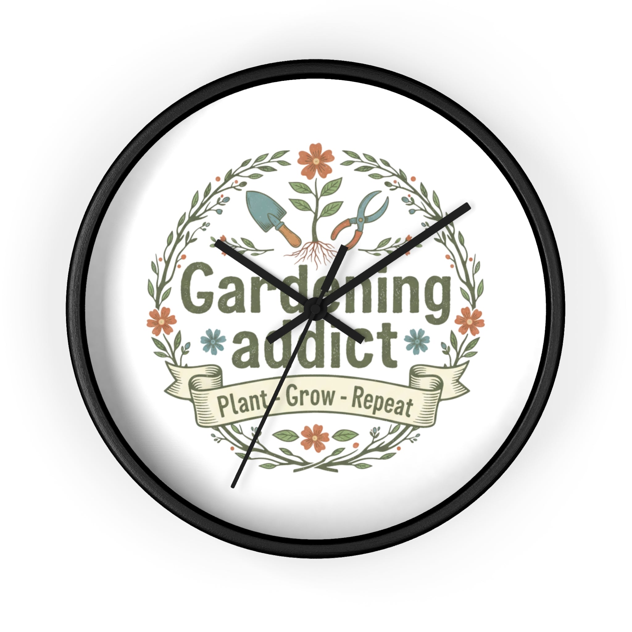 Gardening Addict Wall Clock — Plant • Grow • Repeat Decorative Garden Clock