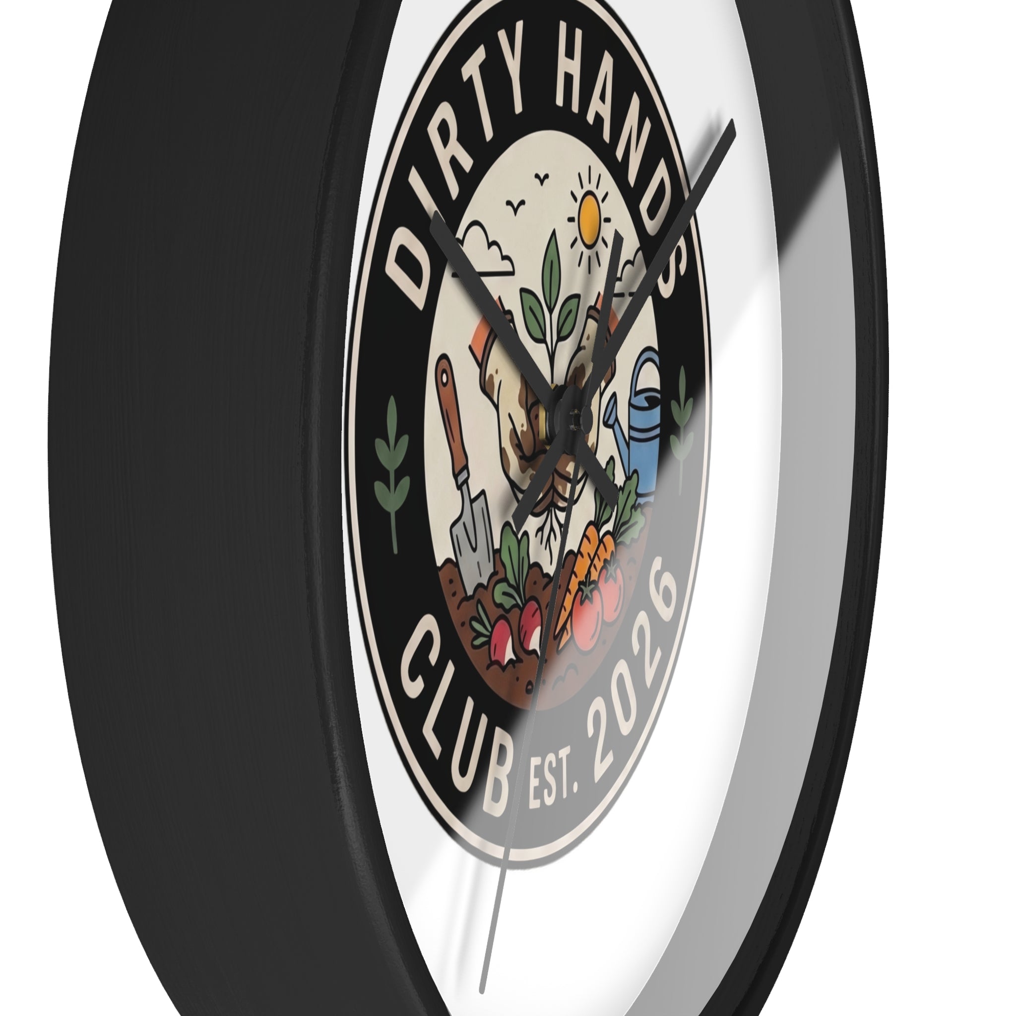 Dirty Hands Club Wall Clock — Gardening Decor, Established 2026