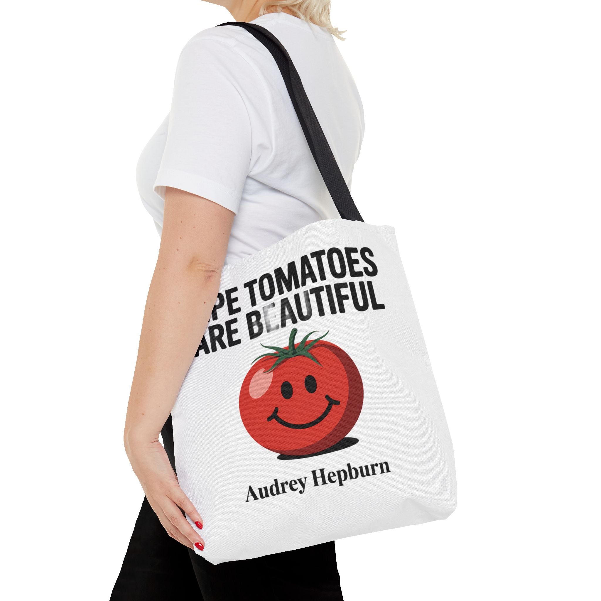 Tote Bag — "Ripe Tomatoes Are Beautiful" Audrey Hepburn Quote with Smiling Tomato Graphic